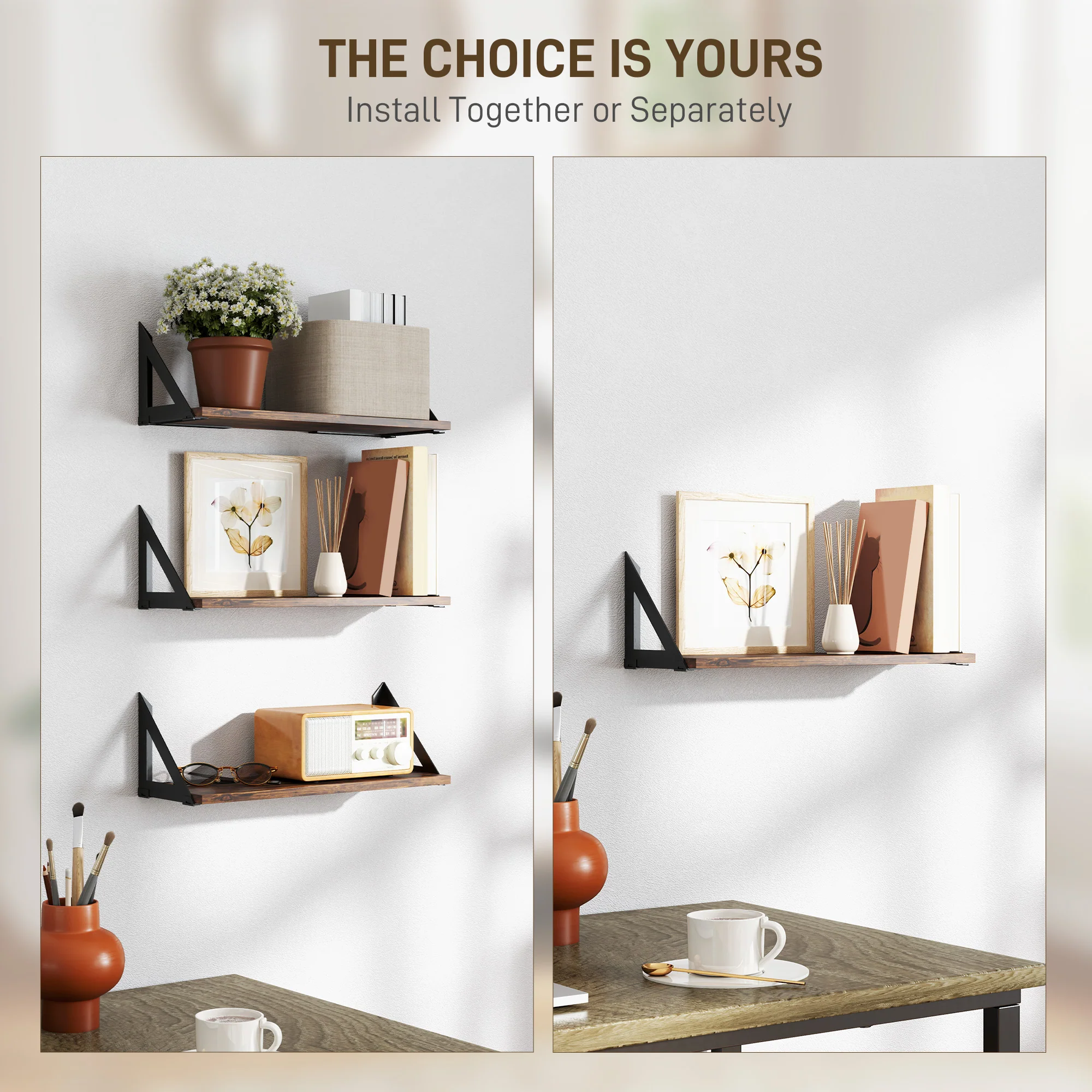 HOMCOM Set Of 3 Vintage Wall Shelves For Living Room Rustic Brown - Image 4