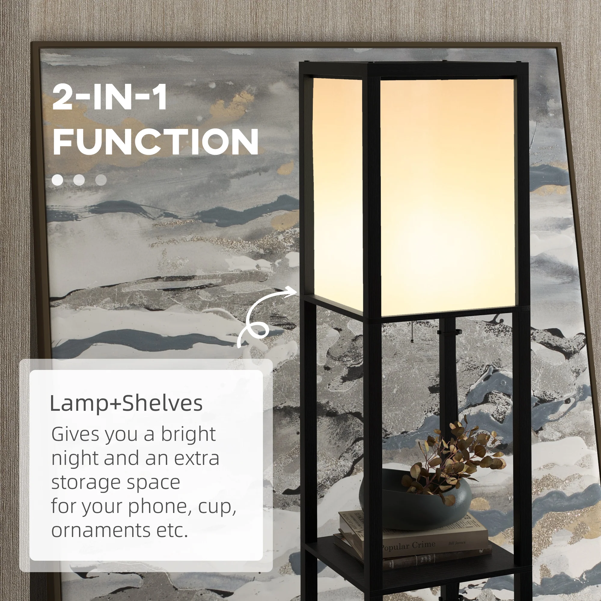 HOMCOM Shelf Floor Lamp with Dual Light, for Living Room, Bedroom, Black - Image 4