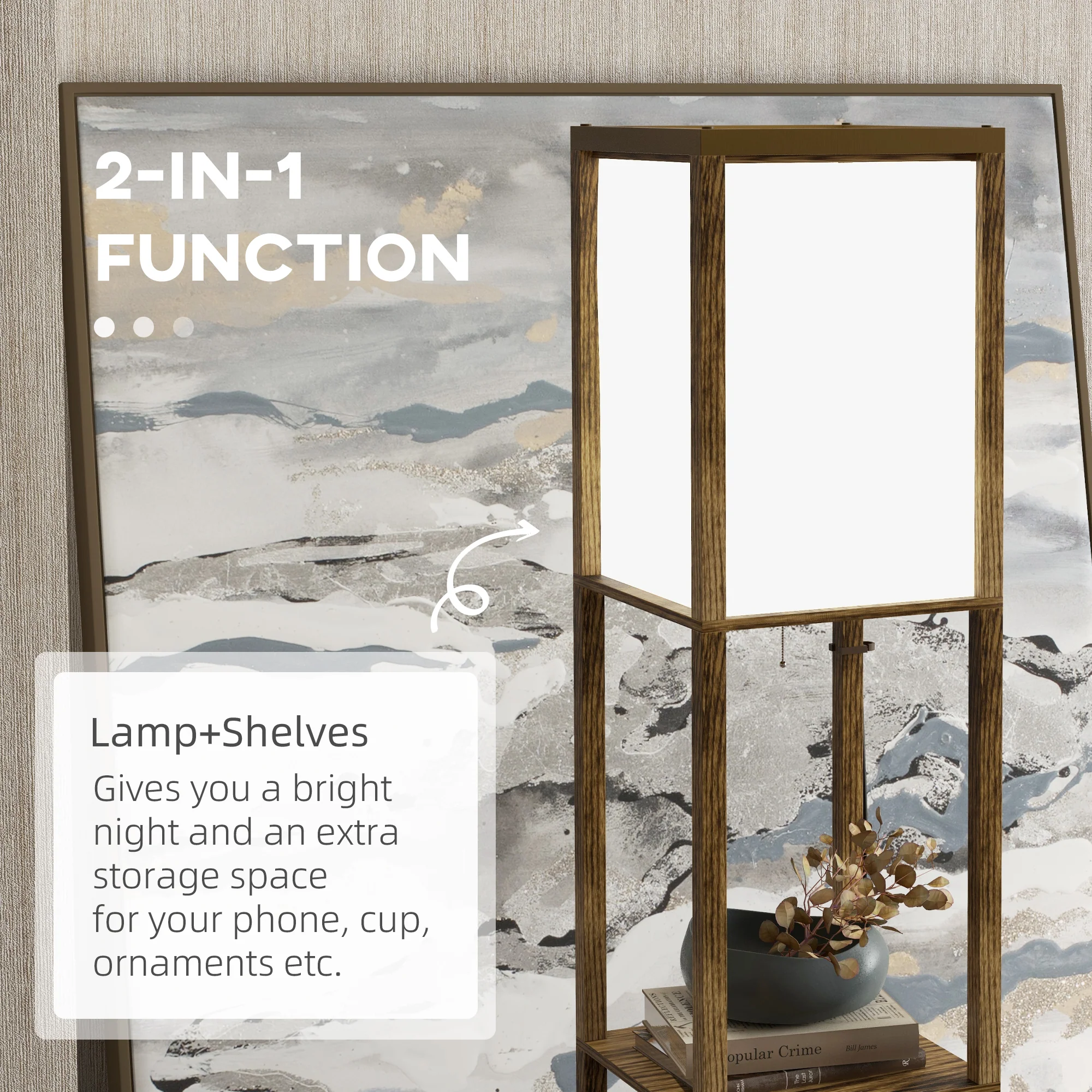 HOMCOM Shelf Floor Lamp with Dual Light, for Living Room, Bedroom, Brown - Image 4
