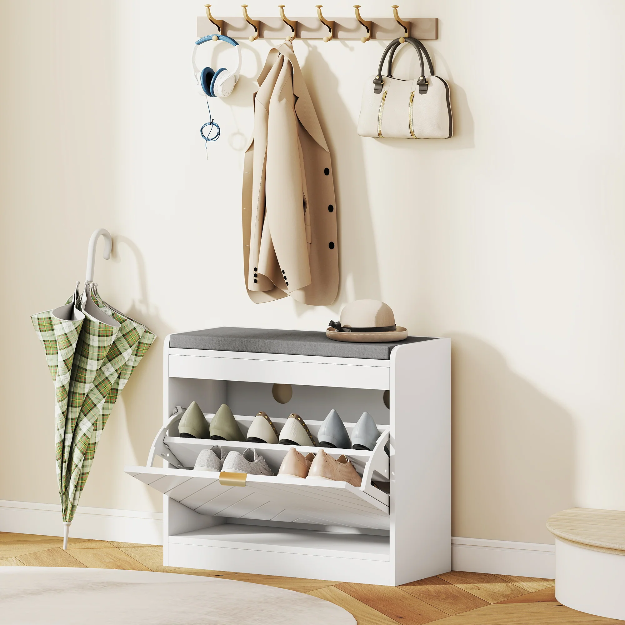 HOMCOM Shoe Bench with 1 Flip Drawer, Cushion, 5 Pairs for Entryway White - Image 2