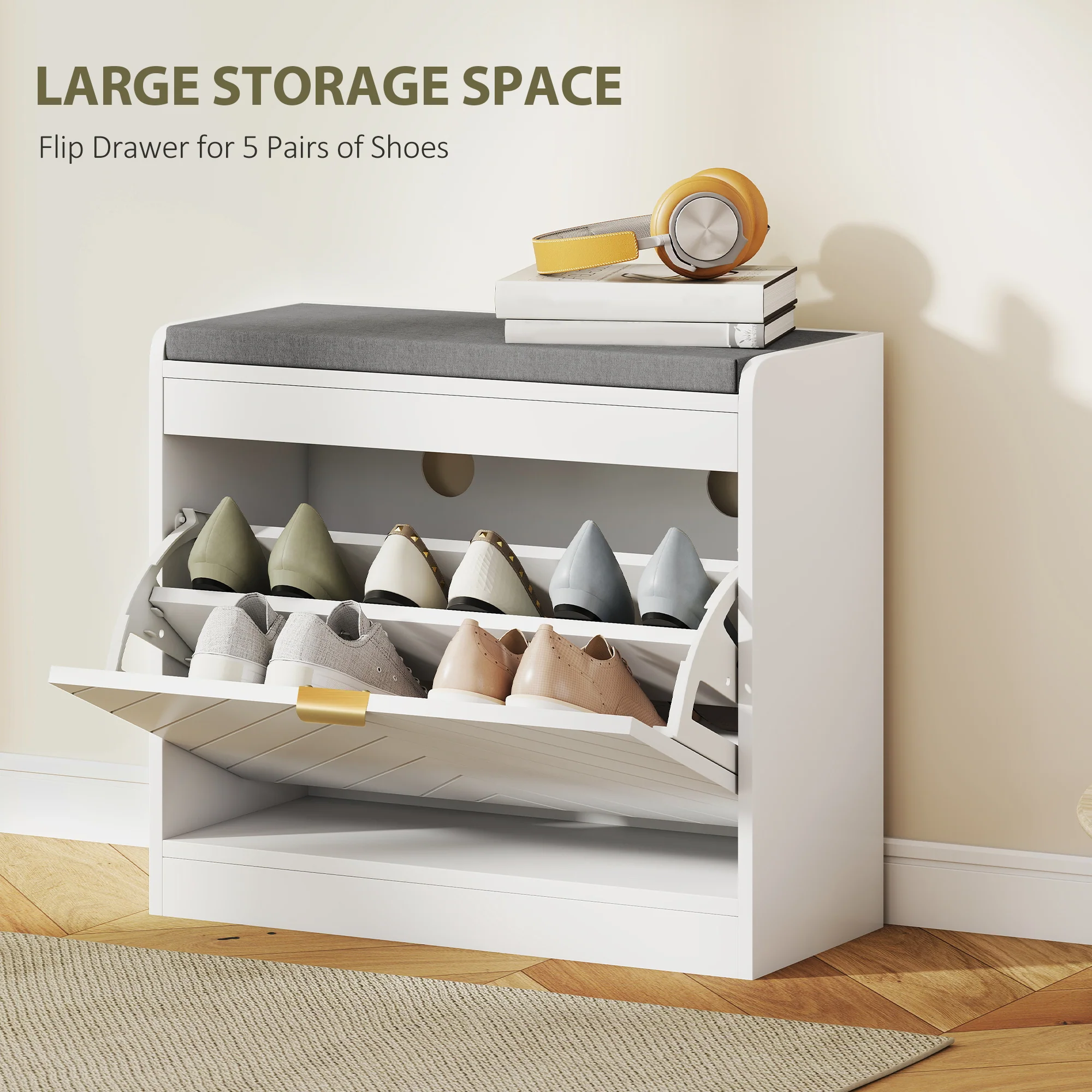 HOMCOM Shoe Bench with 1 Flip Drawer, Cushion, 5 Pairs for Entryway White - Image 3