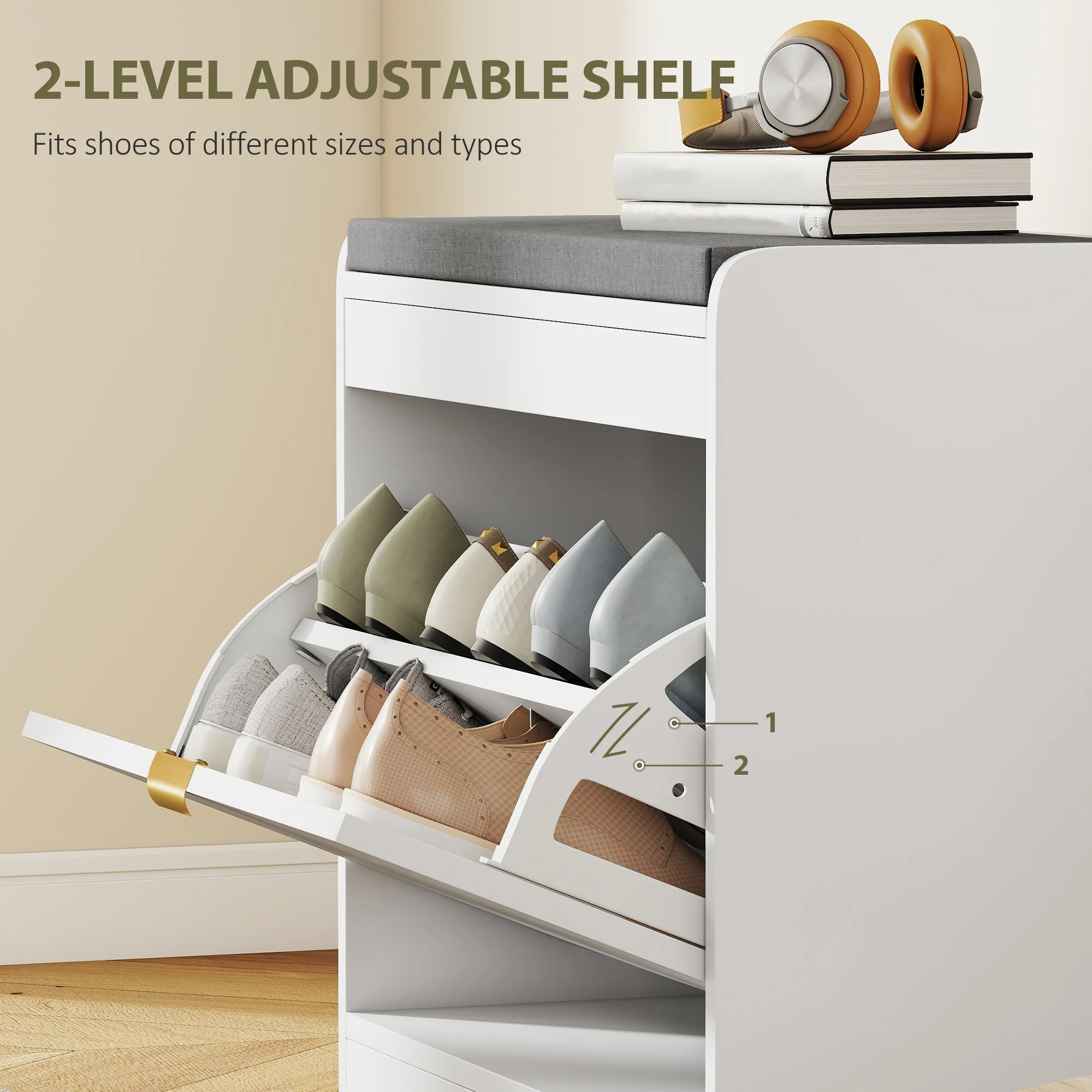 HOMCOM Shoe Bench with 1 Flip Drawer, Cushion, 5 Pairs for Entryway White - Image 4