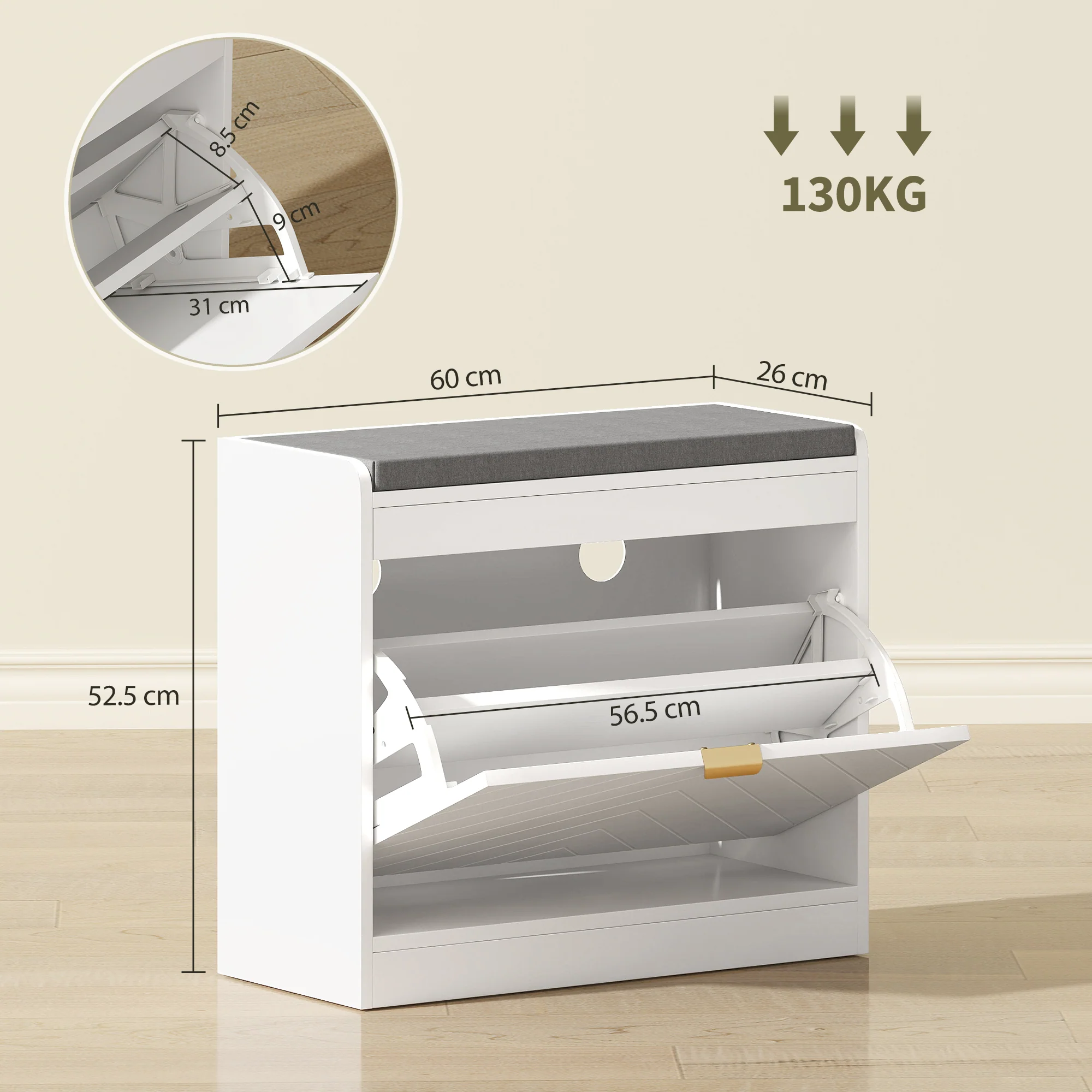 HOMCOM Shoe Bench with 1 Flip Drawer, Cushion, 5 Pairs for Entryway White - Image 5