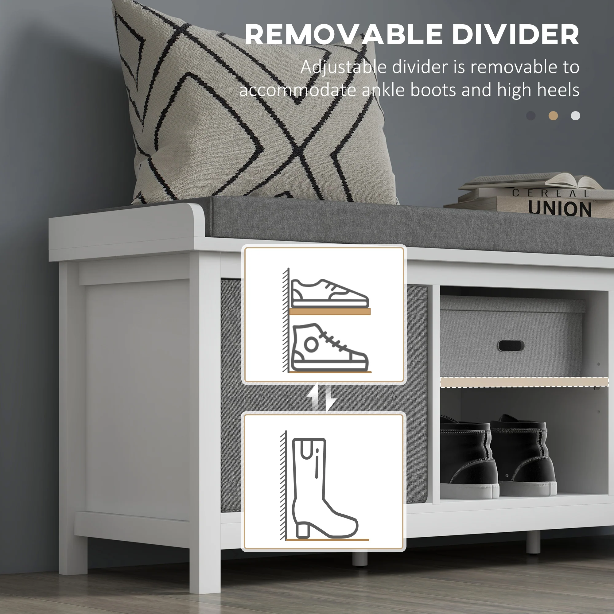 HOMCOM Shoe Bench With Cushioned Seat Fabric Drawers For Entryway Hallway White - Image 7