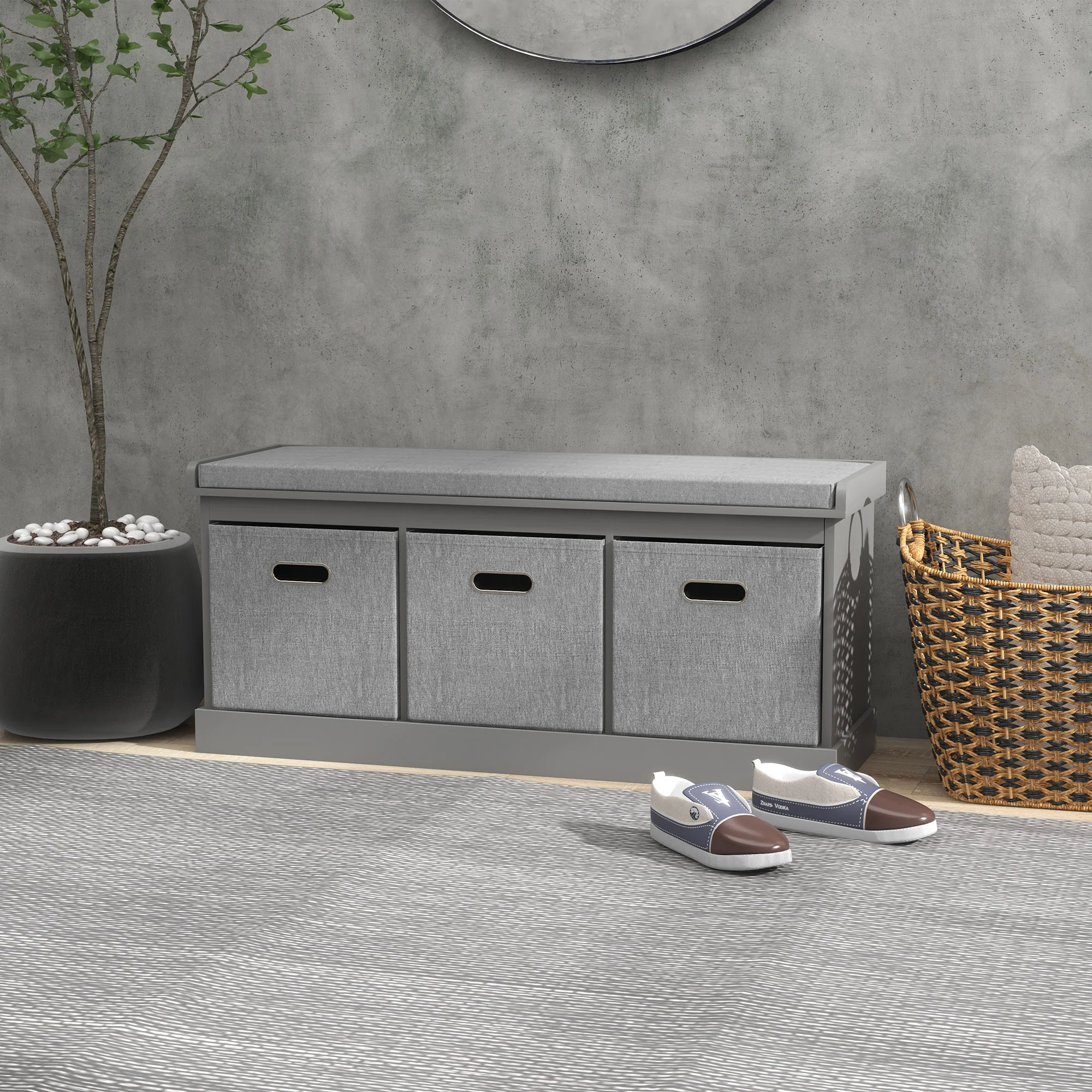 HOMCOM Shoe Bench with Seat, Shoe Storage Bench with Fabric Drawers, Grey - Image 2