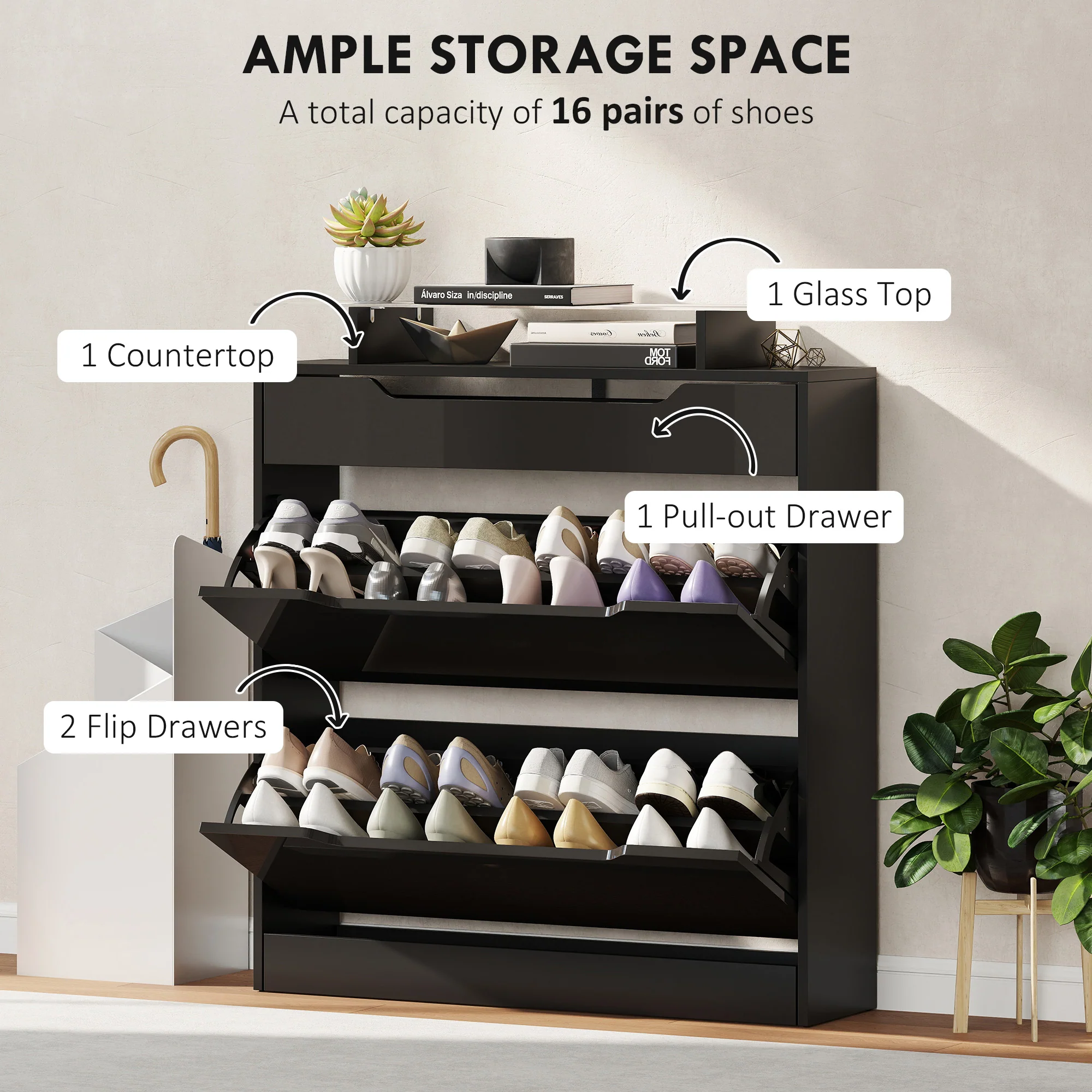 HOMCOM Shoe Cabinet with 3 Drawers, High Gloss Front Panels, Glass Top Black - Image 4