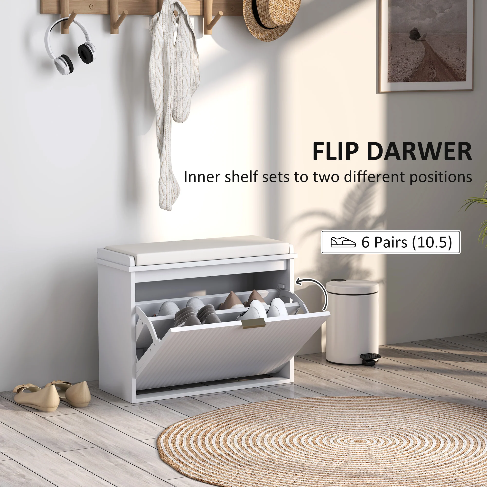 HOMCOM Shoe Storage Bench With Cushion And Flip-Drawer 62x26x47.5cm - Image 13