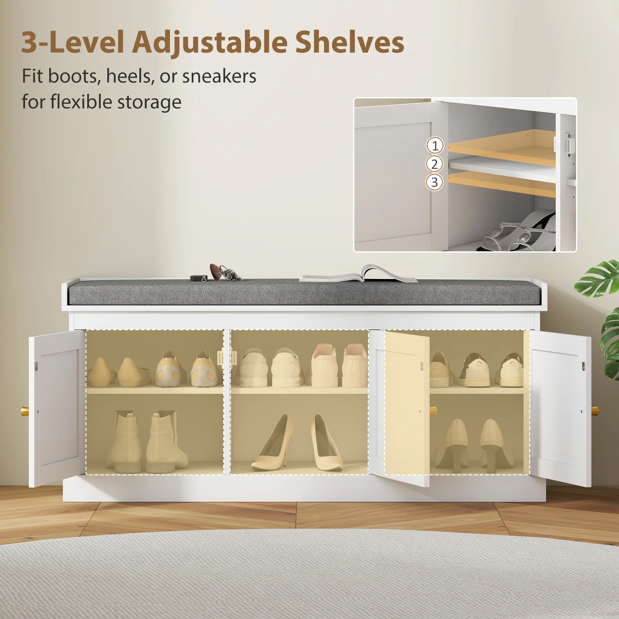 HOMCOM Shoe Storage Bench with Rattan Doors, Cushion, Entryway Shoe Bench - Image 7