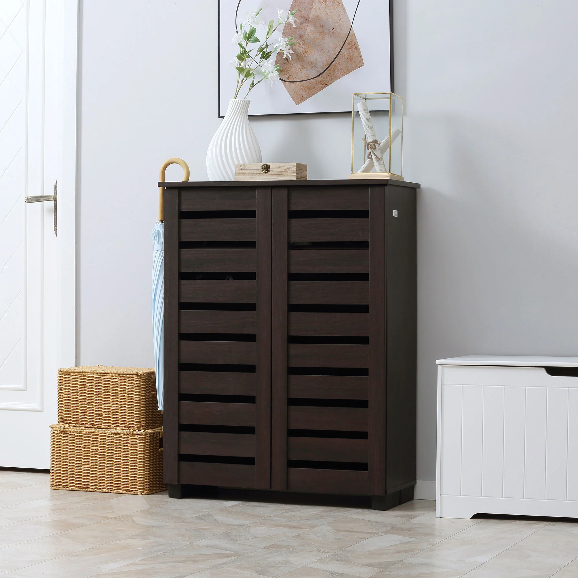 HOMCOM Shoe Storage Cabinet with Slatted Doors for 15 Pairs of Shoes Brown - Image 2