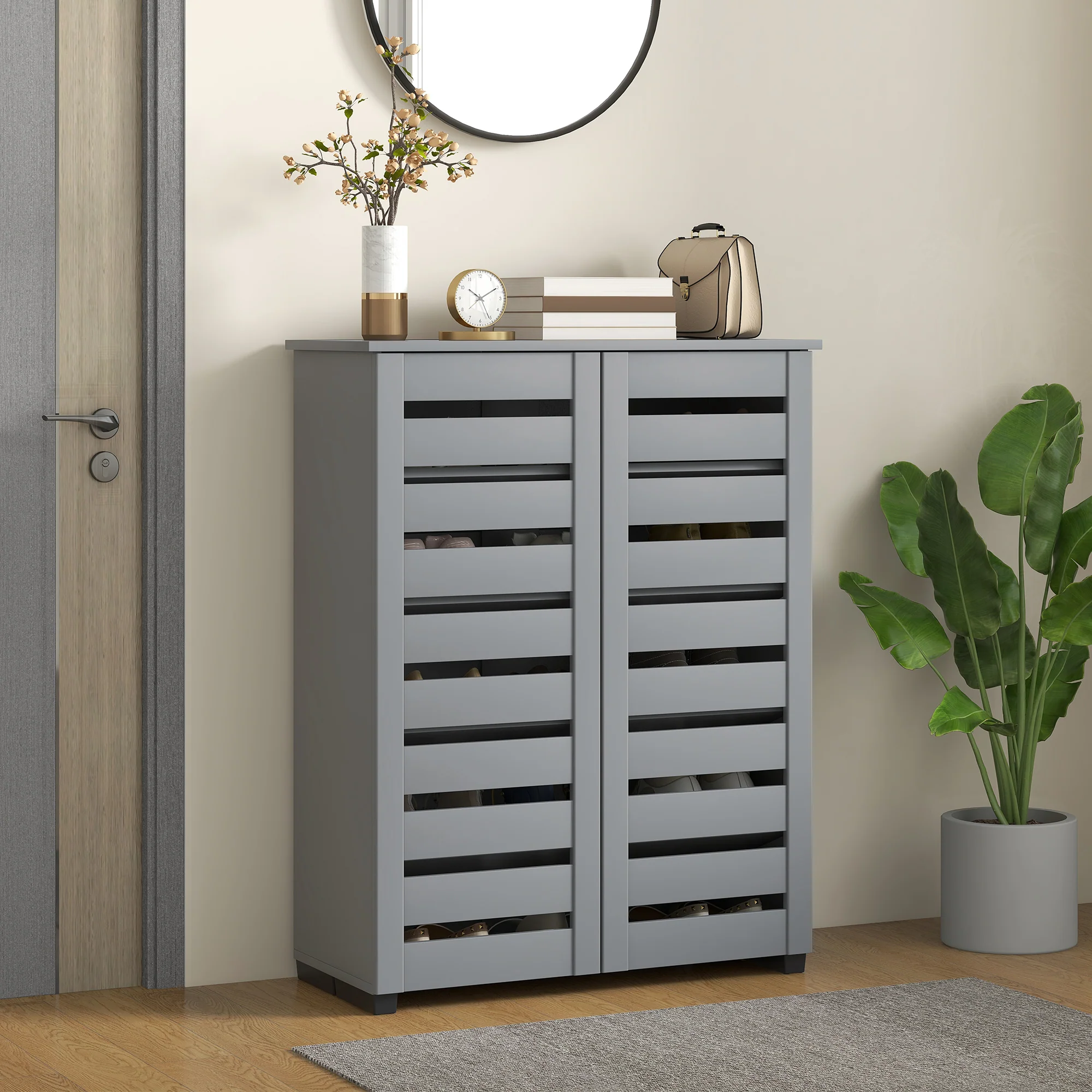 HOMCOM Shoe Storage Cabinet with Slatted Doors for 15 Pairs of Shoes Grey - Image 2