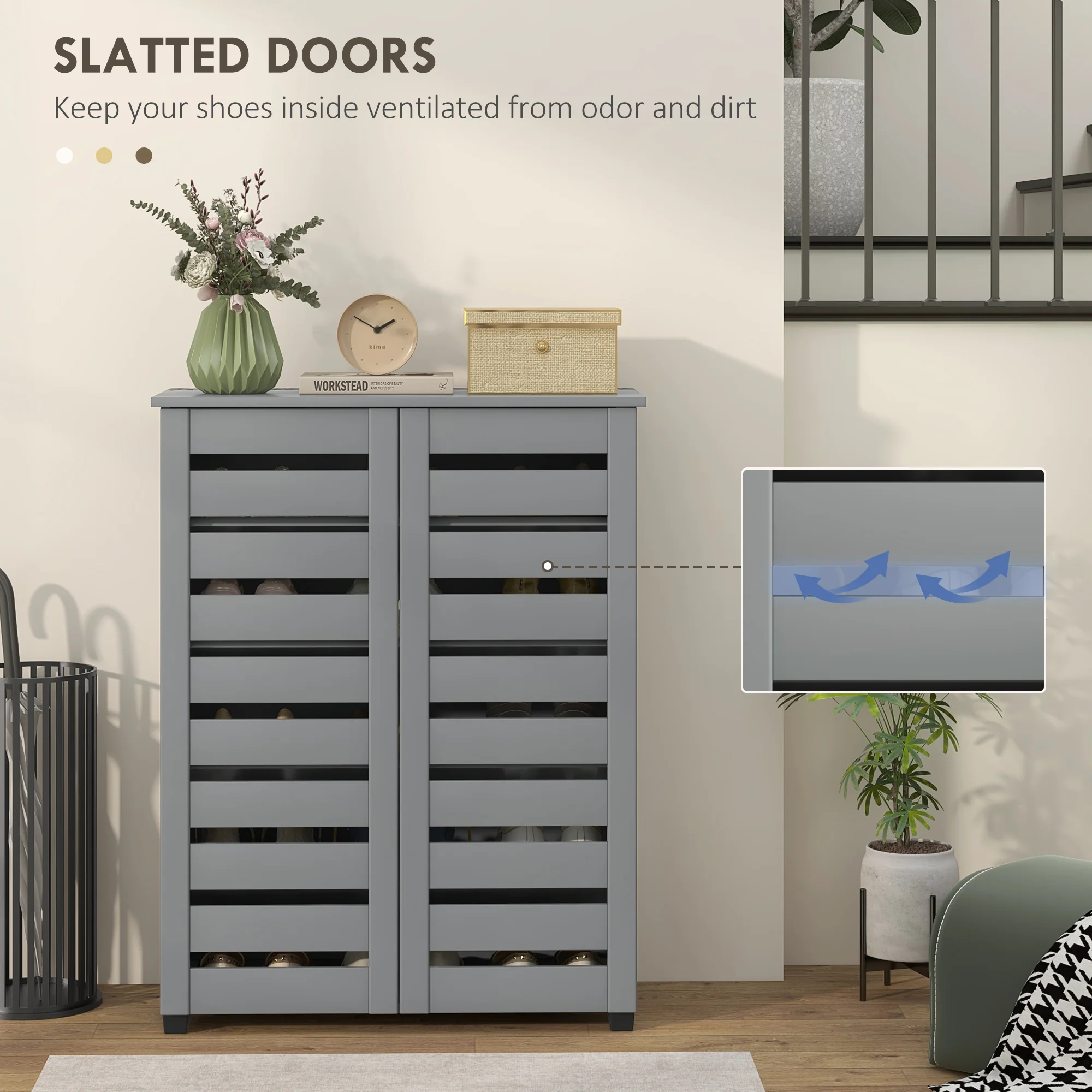 HOMCOM Shoe Storage Cabinet with Slatted Doors for 15 Pairs of Shoes Grey - Image 4