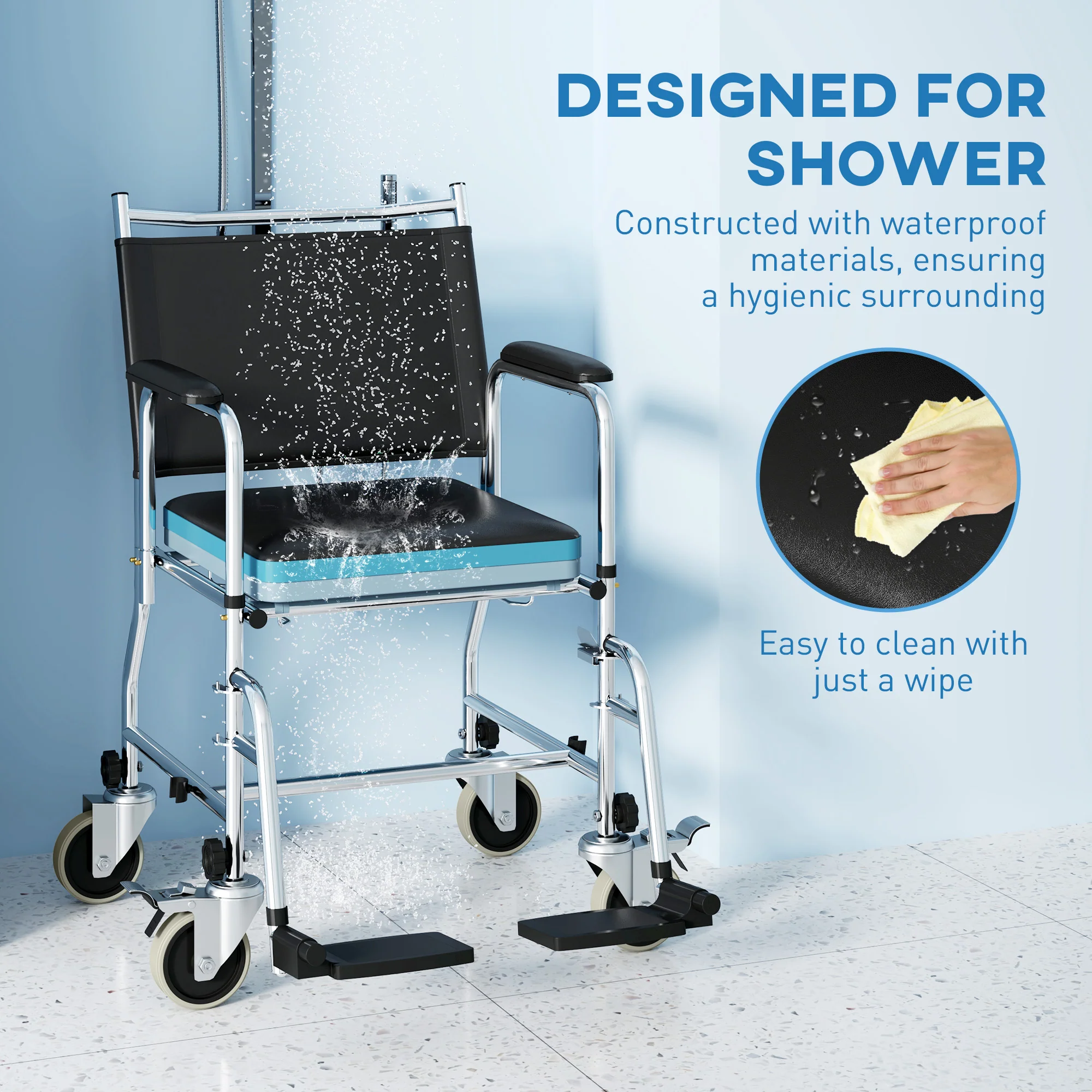 HOMCOM Shower Wheelchair, Commode Wheeled Chair with Padded Seat, Backrest - Image 6