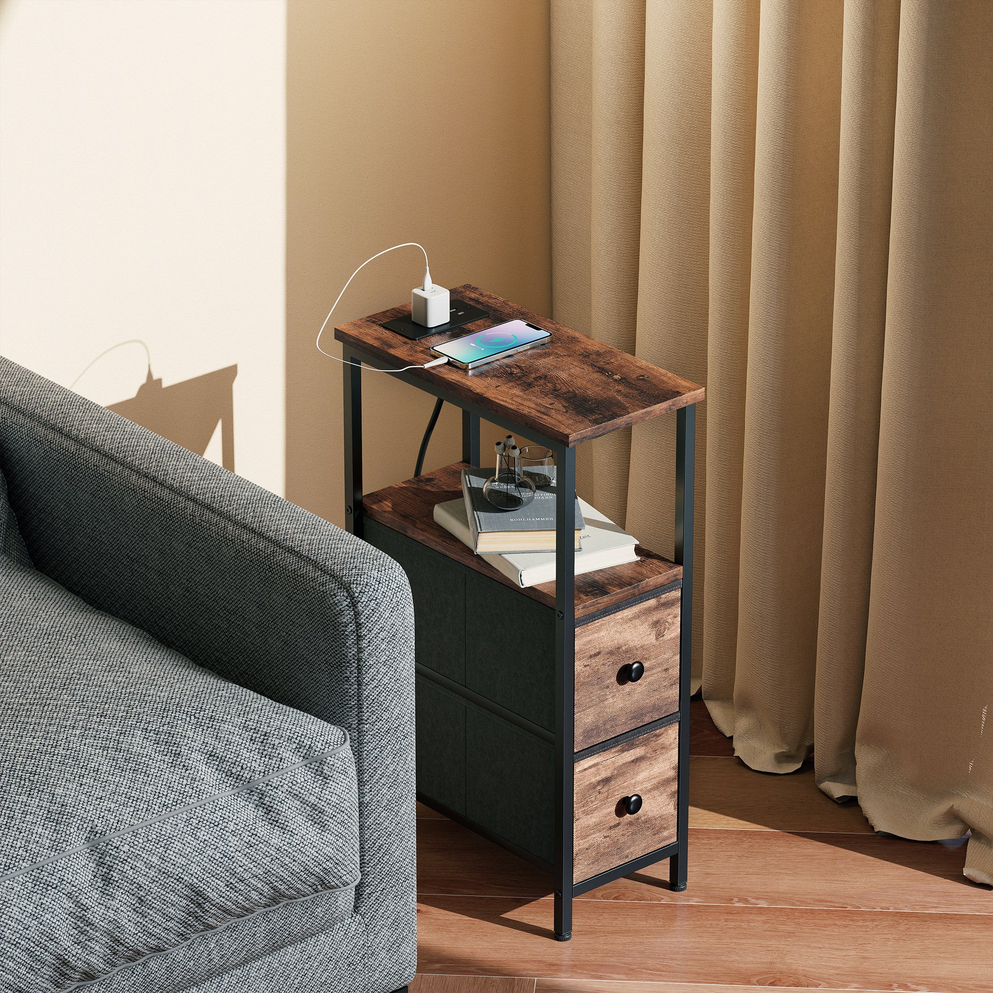 HOMCOM Side Table, Narrow Bedside Table with Charging Station, 2 Drawers - Image 2