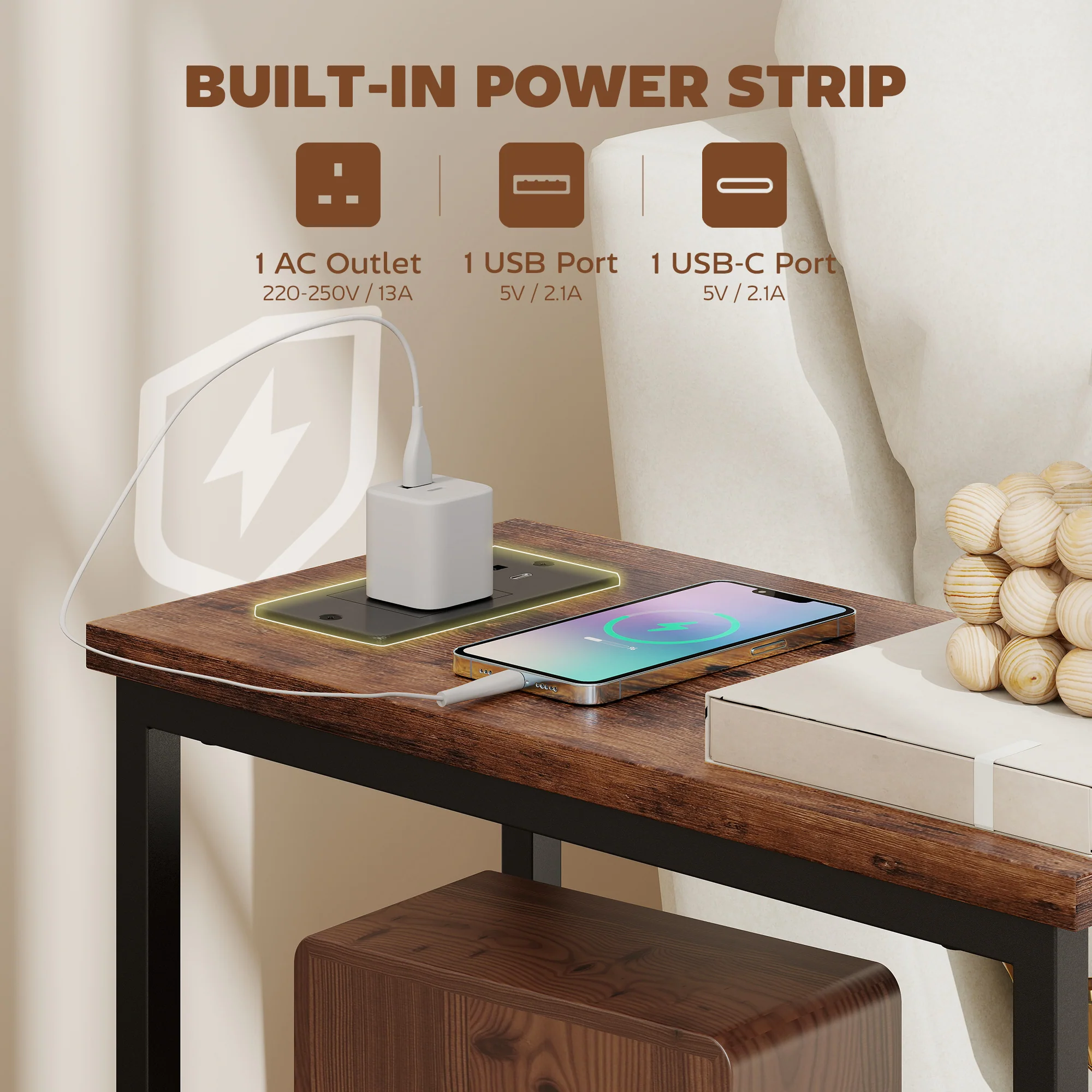 HOMCOM Side Table, Narrow Bedside Table with Charging Station, 2 Drawers - Image 3