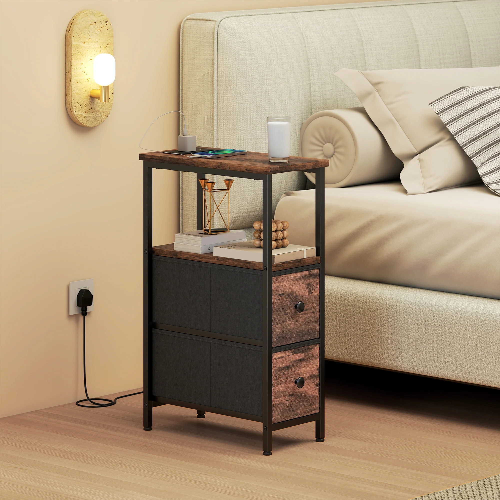 HOMCOM Side Table, Narrow Bedside Table with Charging Station, 2 Drawers - Image 9