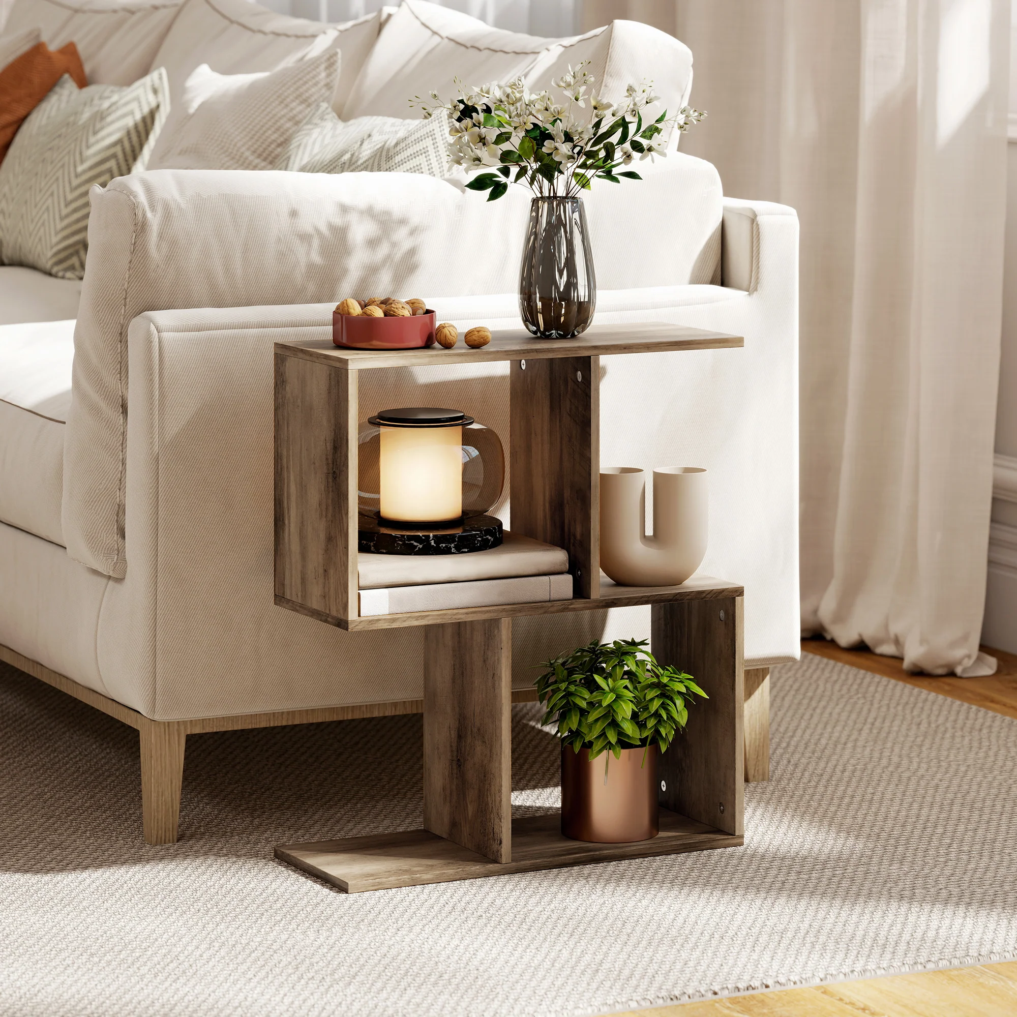HOMCOM Side Table, Narrow End Table with Storage Shelves, Oak - Image 2