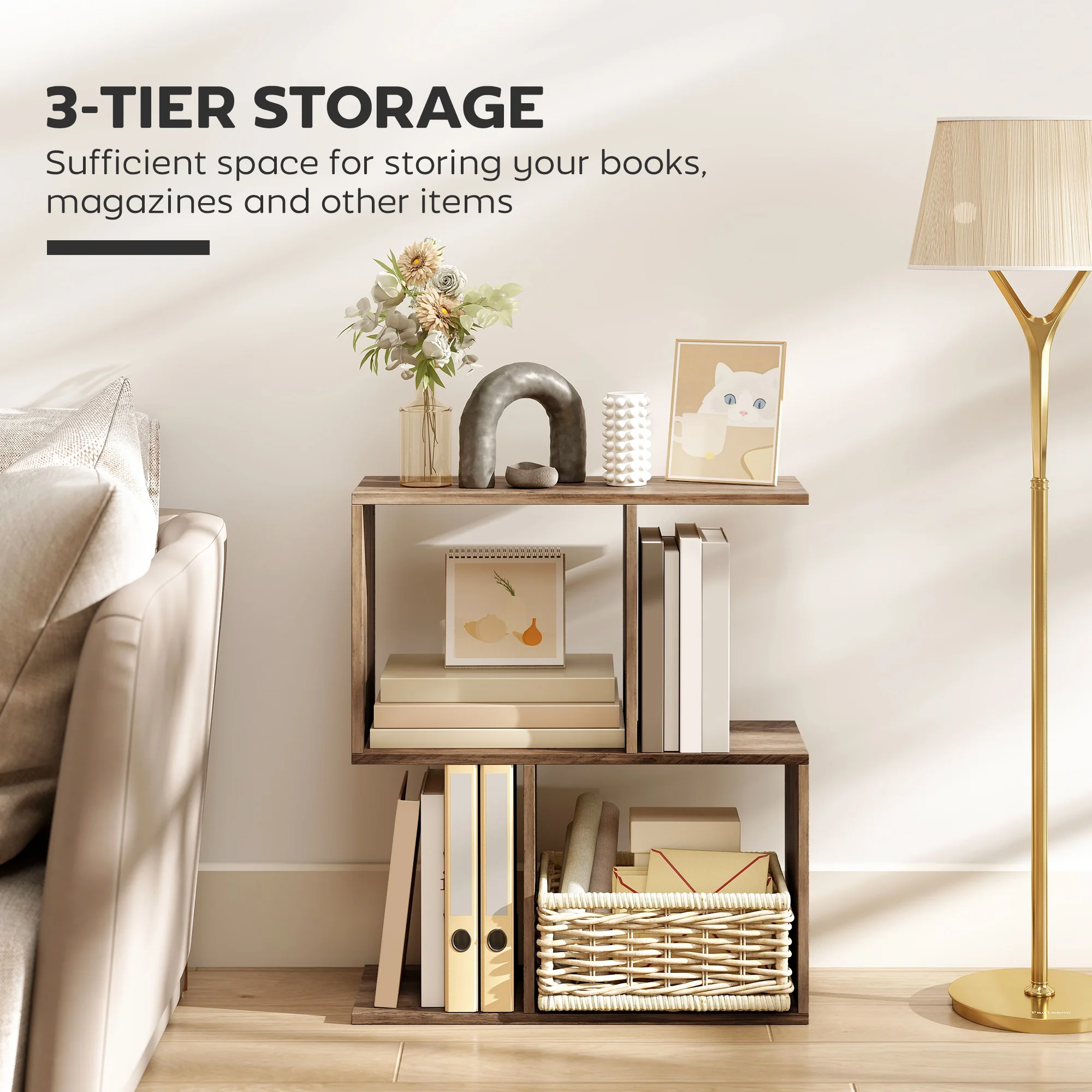 HOMCOM Side Table, Narrow End Table with Storage Shelves, Oak - Image 4