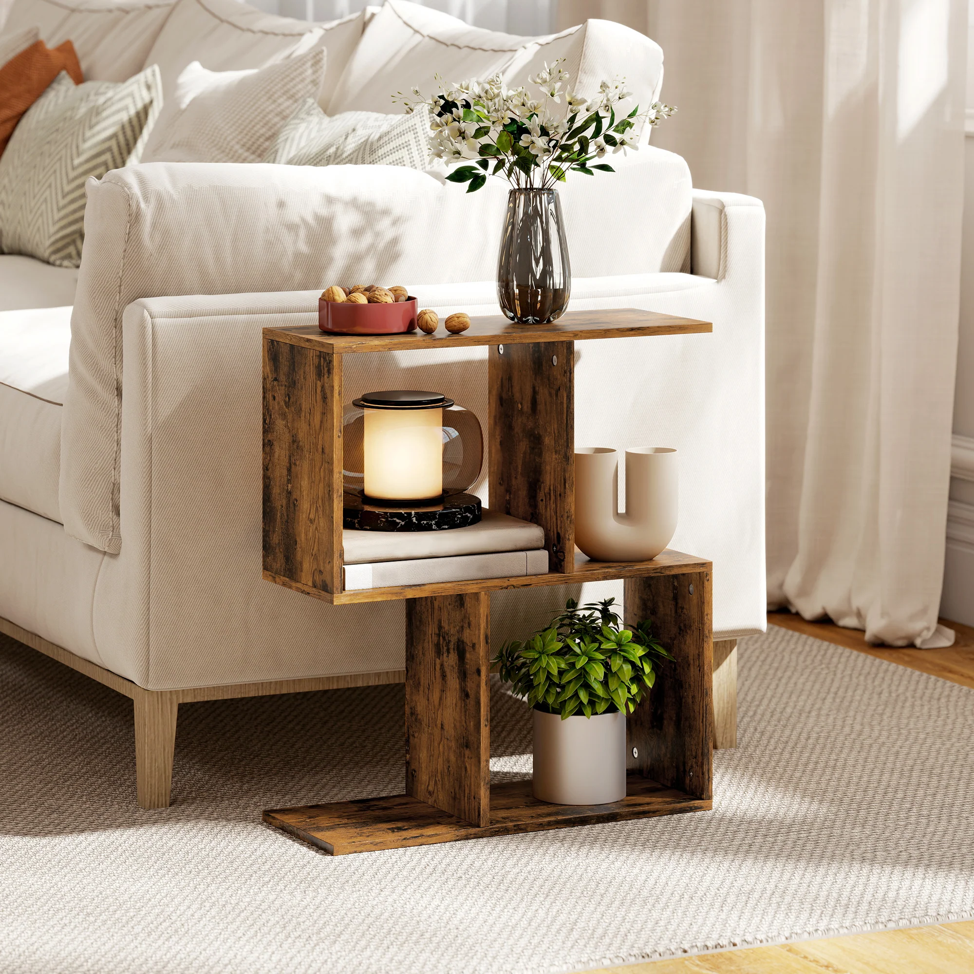 HOMCOM Side Table, Narrow End Table with Storage Shelves, Rustic Brown - Image 2
