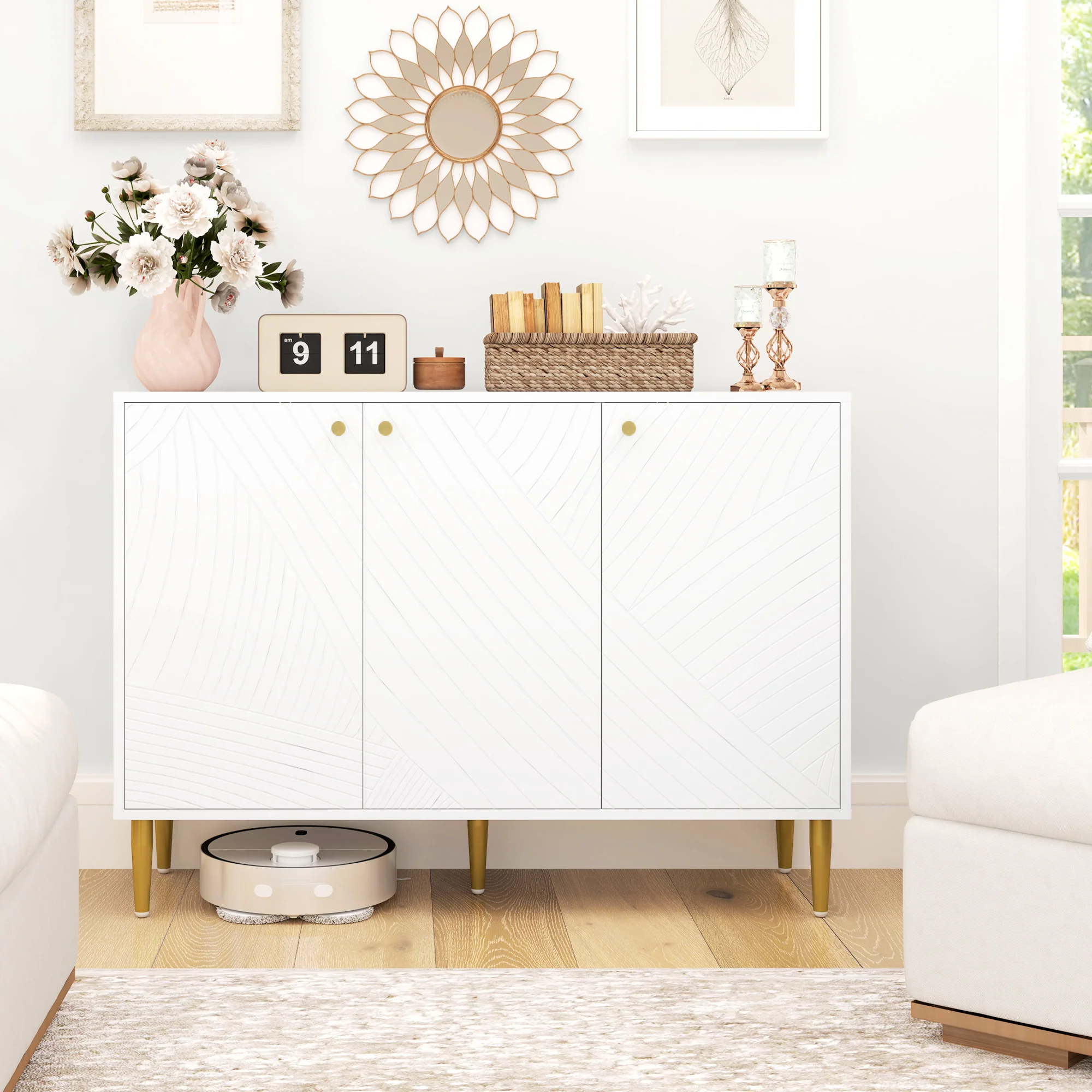 HOMCOM Sideboard Storage Cabinet with 3 Carved Line Doors and 5 Legs White - Image 2