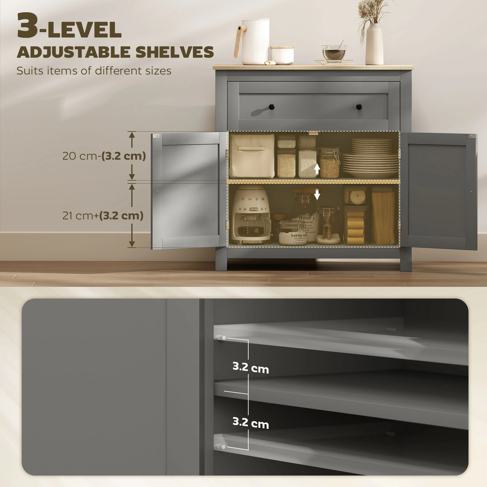 HOMCOM Sideboard Storage Cabinet With Adjustable Shelf, Drawer - Image 4