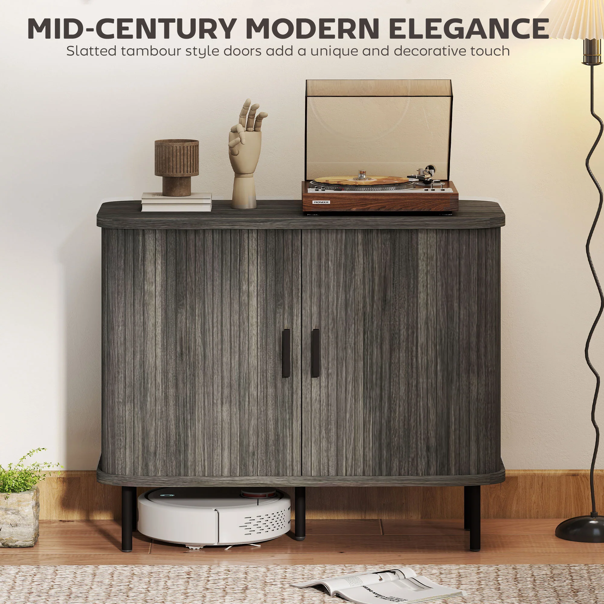 HOMCOM Sideboard Storage Cabinet With Slatted Tambour Sliding Doors - Image 3
