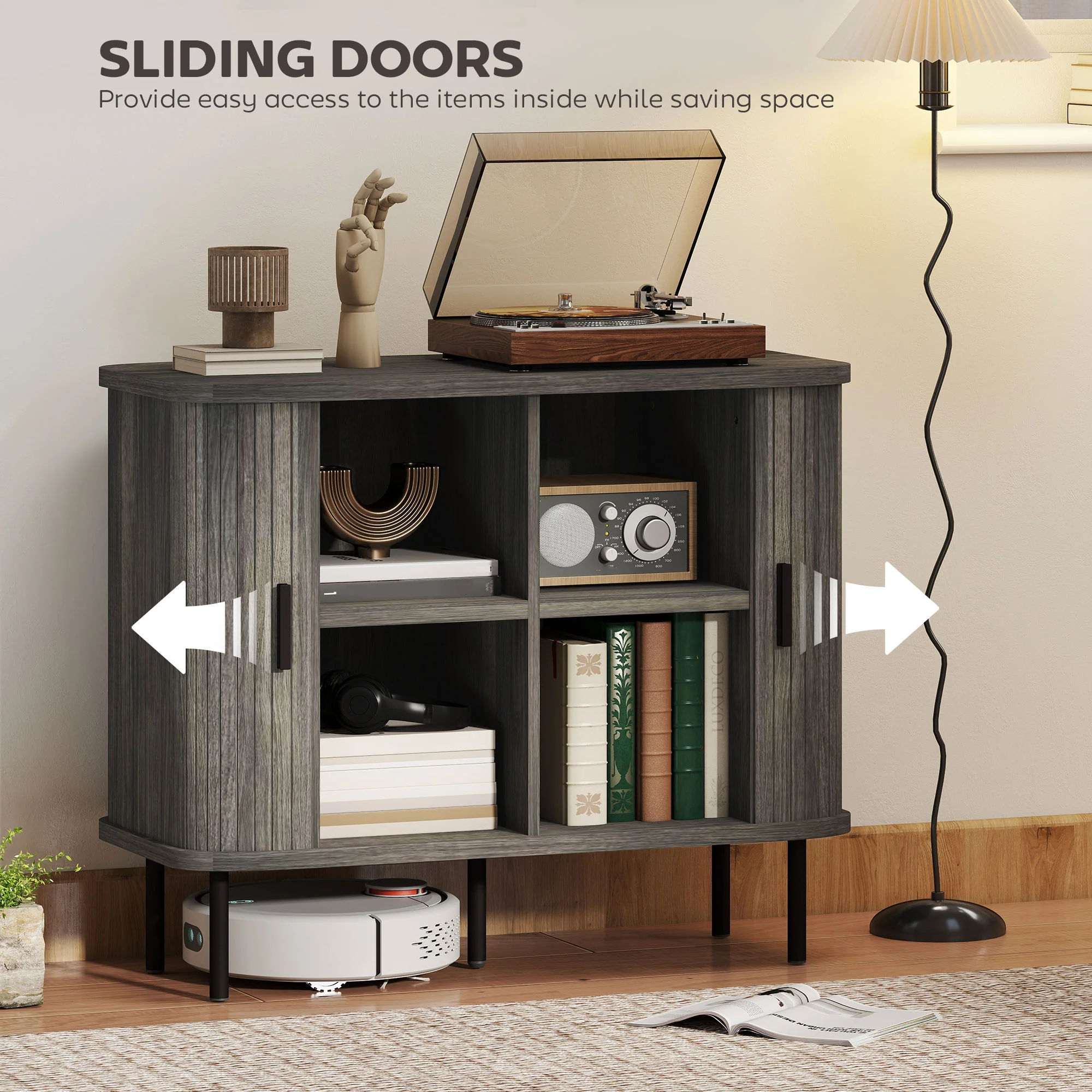 HOMCOM Sideboard Storage Cabinet With Slatted Tambour Sliding Doors - Image 4