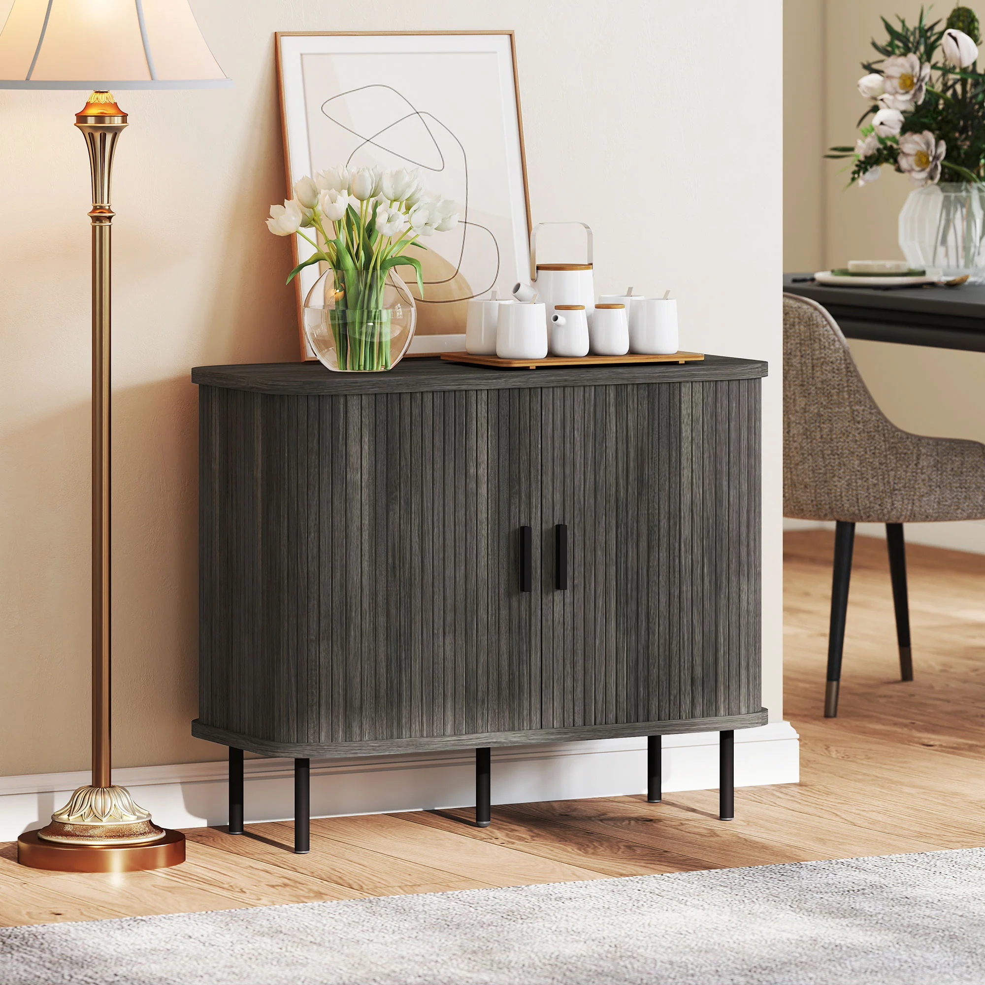 HOMCOM Sideboard Storage Cabinet With Slatted Tambour Sliding Doors - Image 9