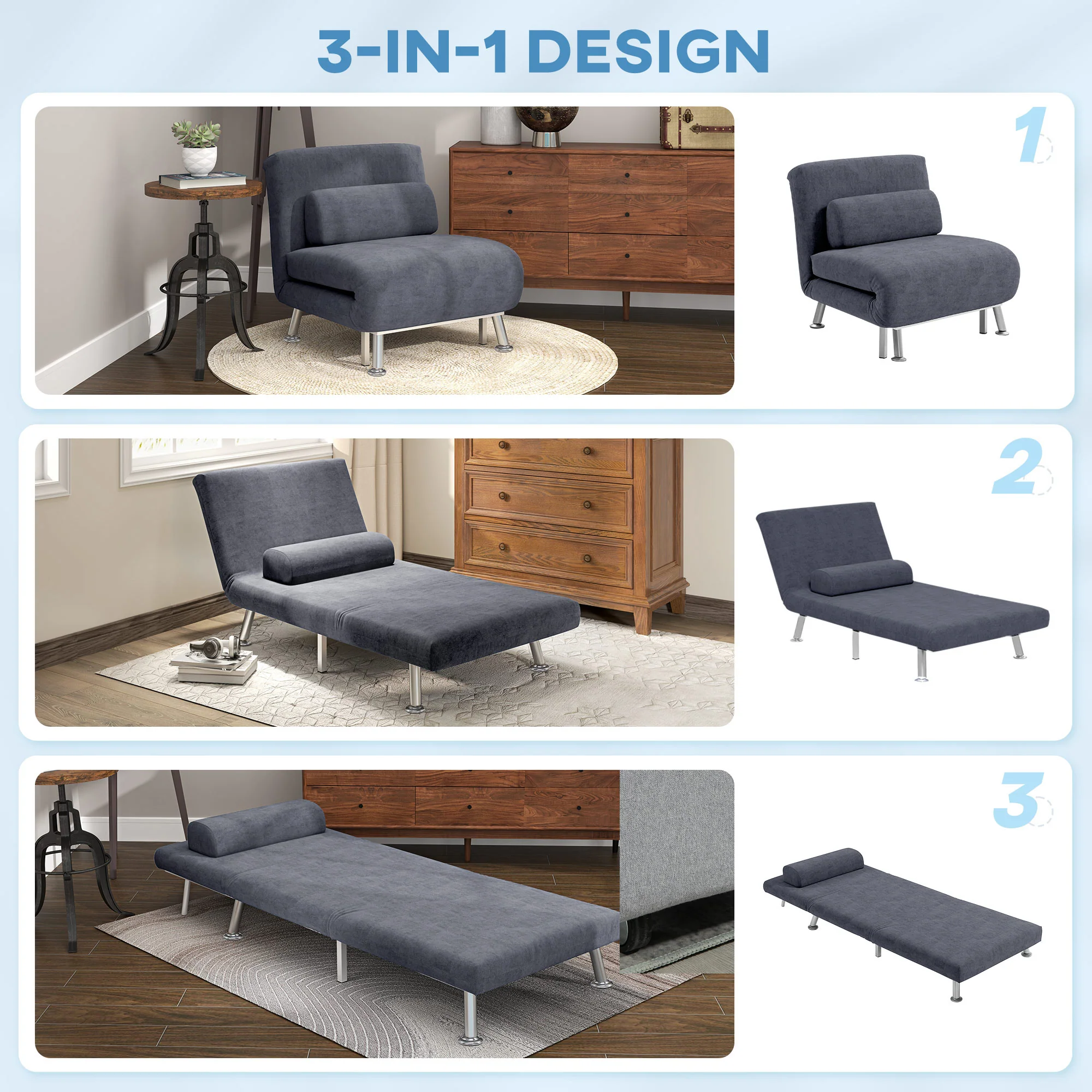 HOMCOM Single Folding 5 Position Convertible Sleeper Chair Sofa Bed - Image 12