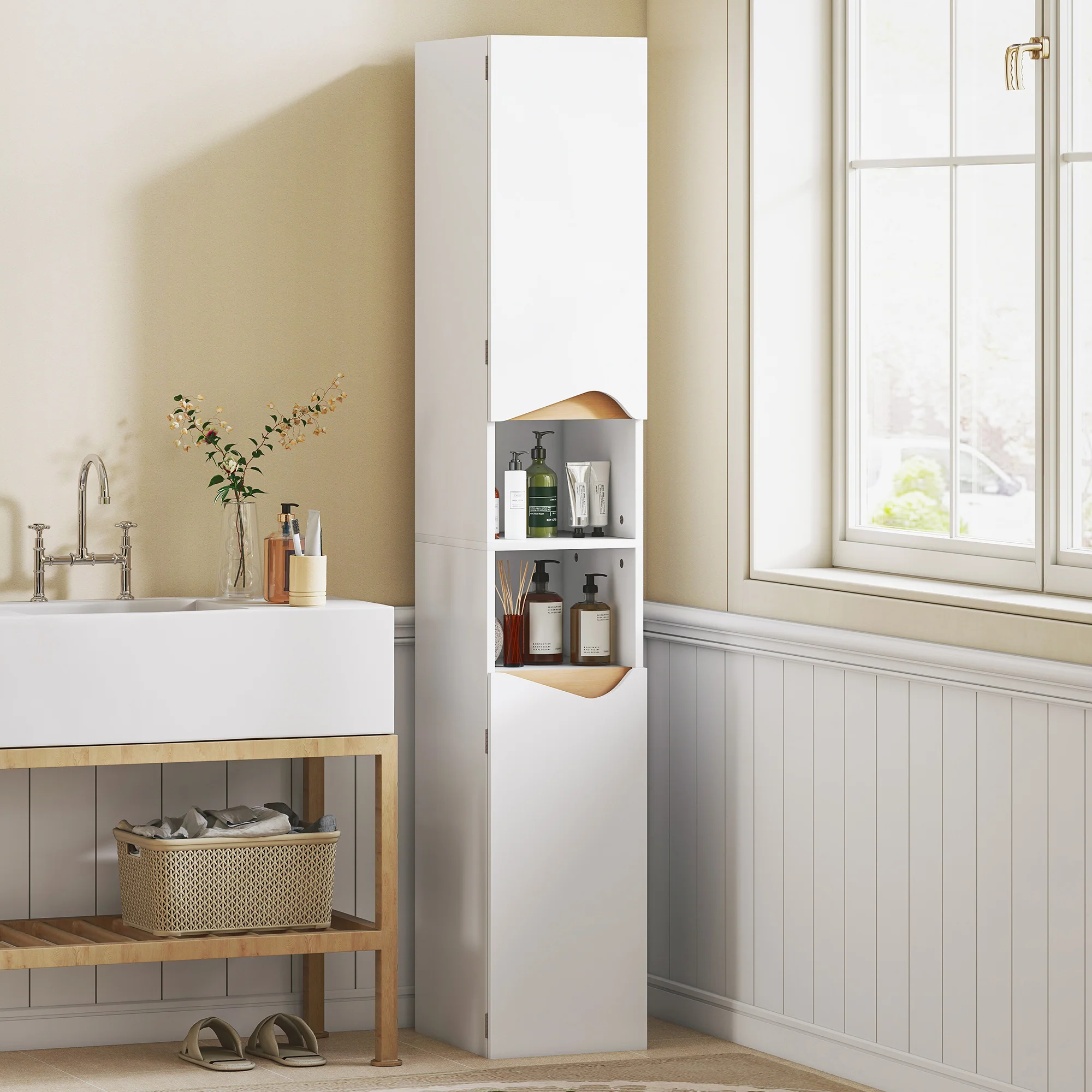 HOMCOM Slim Bathroom Storage Cabinet, Tall Bathroom Cabinet With 2 Doors - Image 2