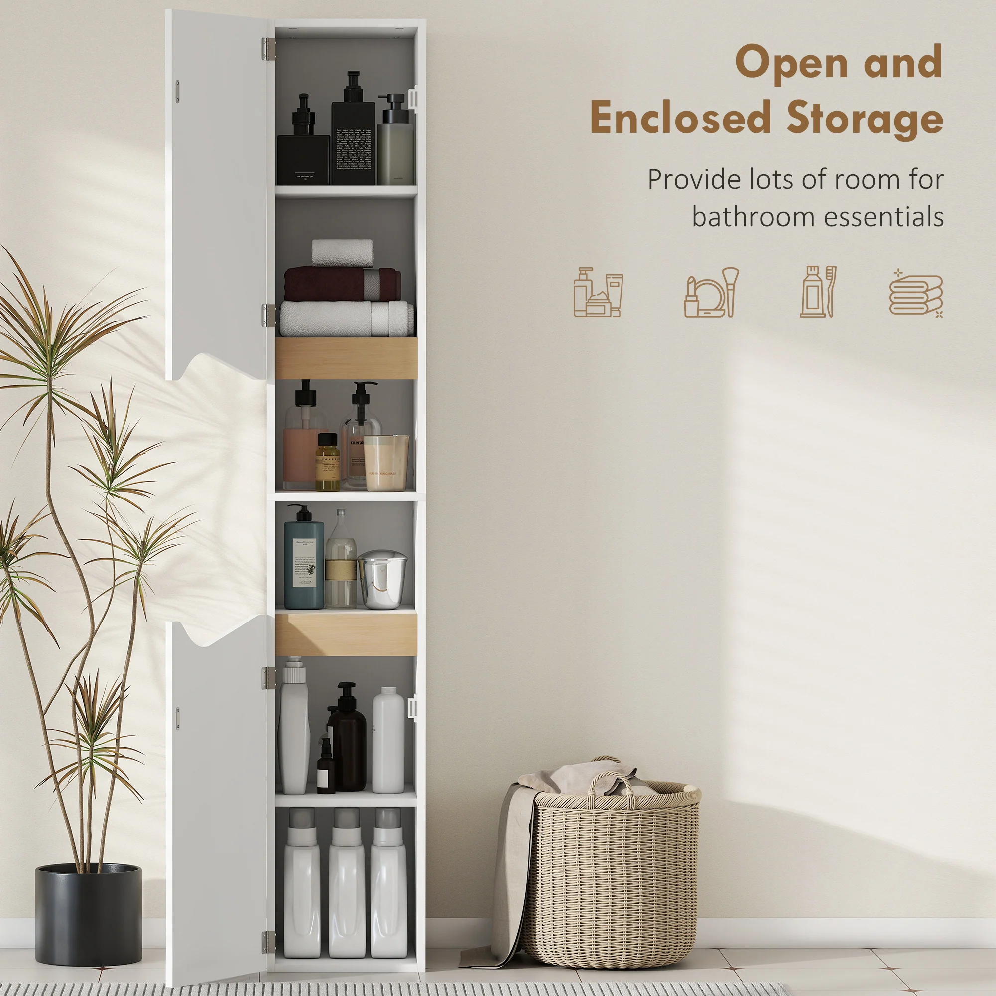HOMCOM Slim Bathroom Storage Cabinet, Tall Bathroom Cabinet With 2 Doors - Image 3