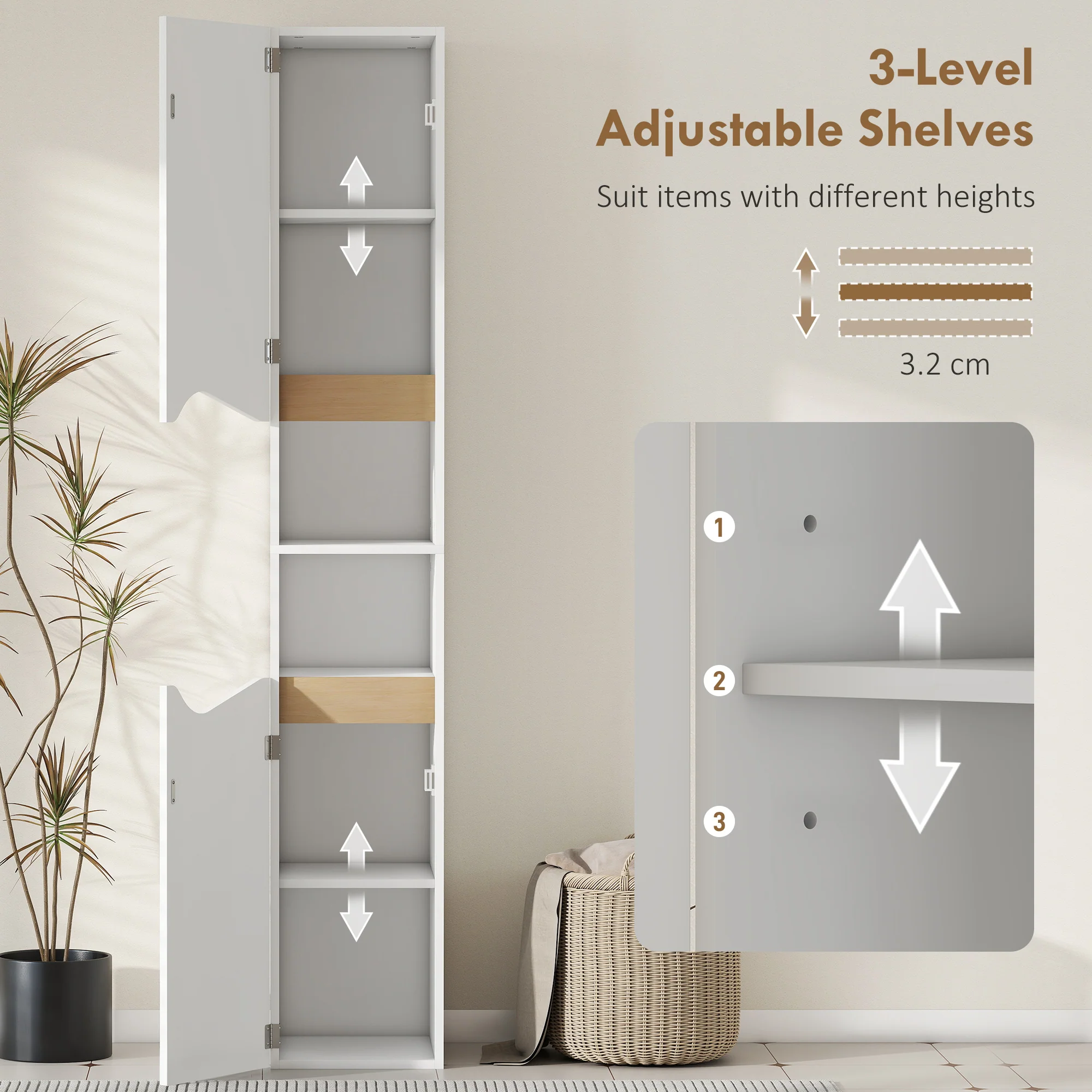 HOMCOM Slim Bathroom Storage Cabinet, Tall Bathroom Cabinet With 2 Doors - Image 4