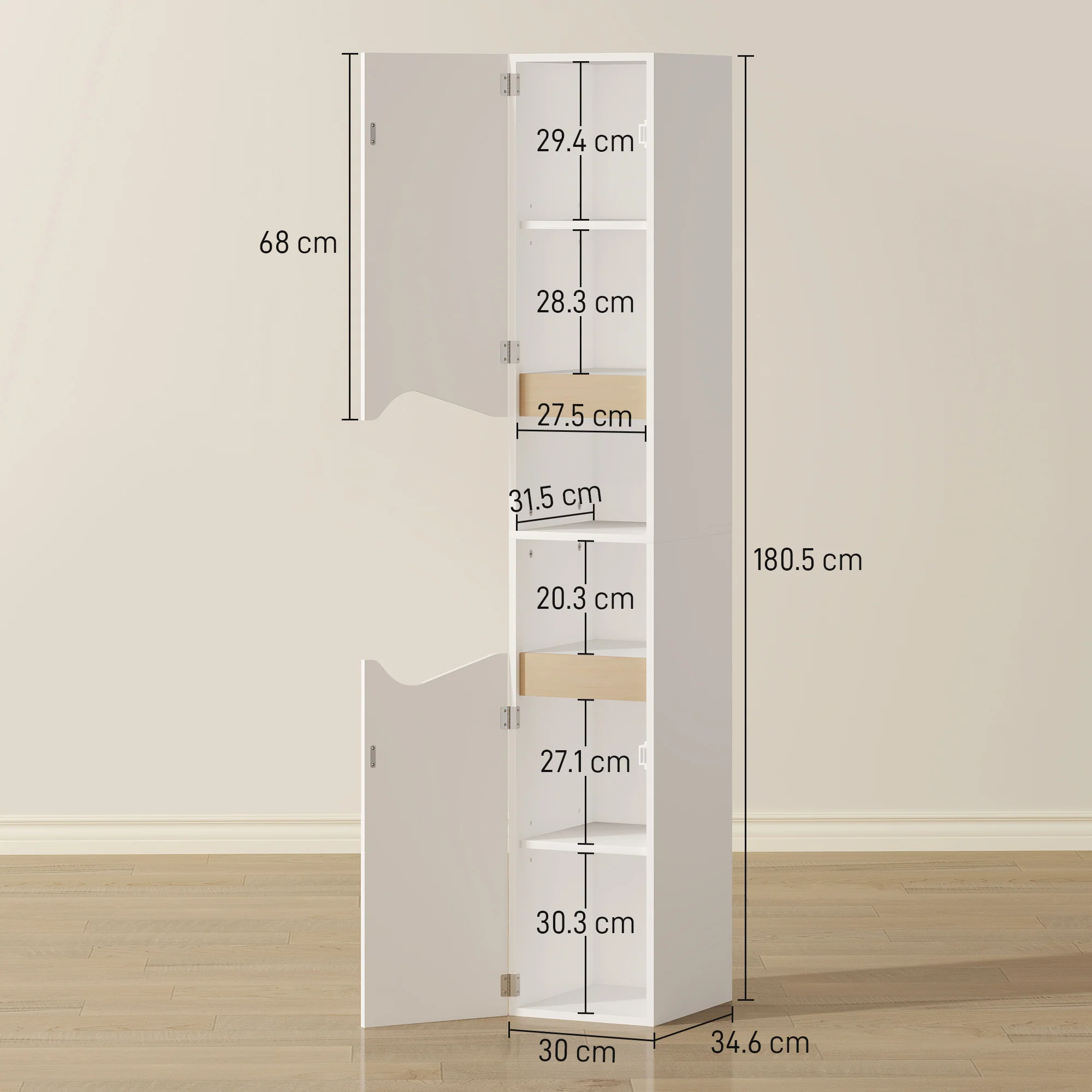 HOMCOM Slim Bathroom Storage Cabinet, Tall Bathroom Cabinet With 2 Doors - Image 5