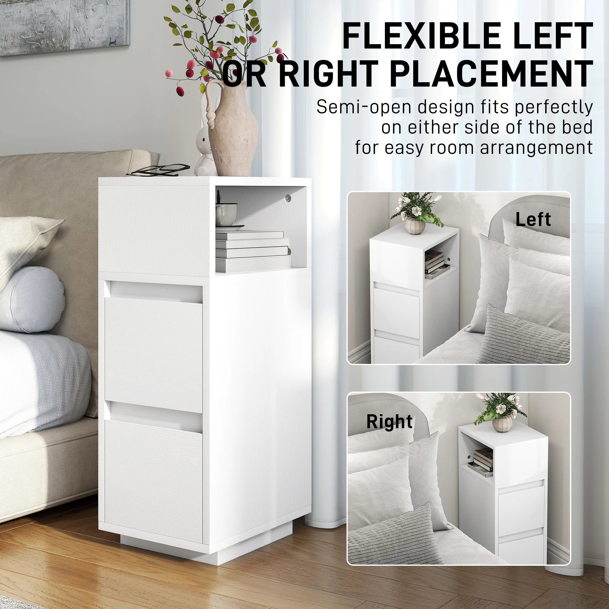 HOMCOM Slim Bedside Table, Bedside Cabinet with Open Shelf and 2 Drawers - Image 6