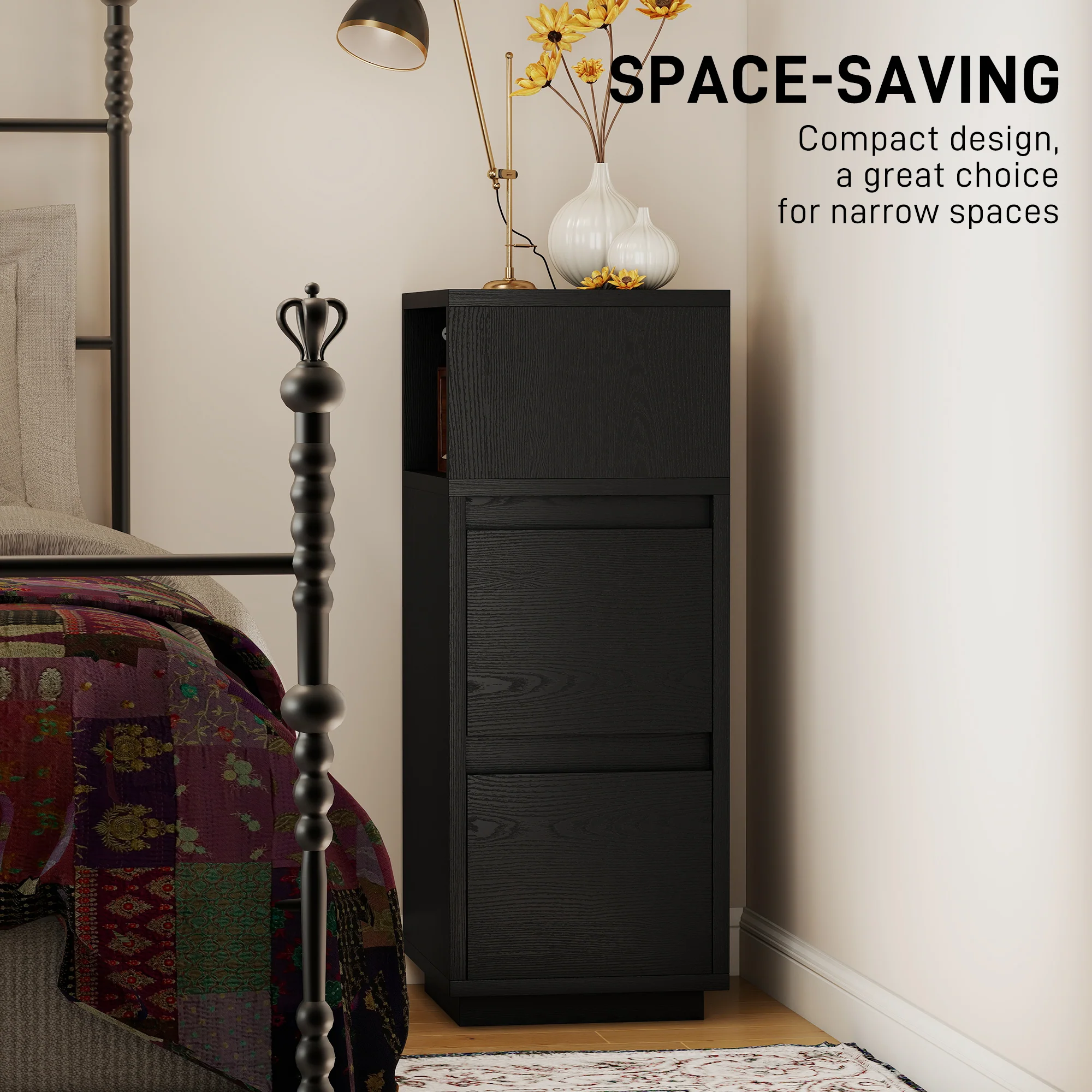 HOMCOM Slim Bedside Table, Bedside Cabinet with Open Shelf and 2 Drawers - Image 4