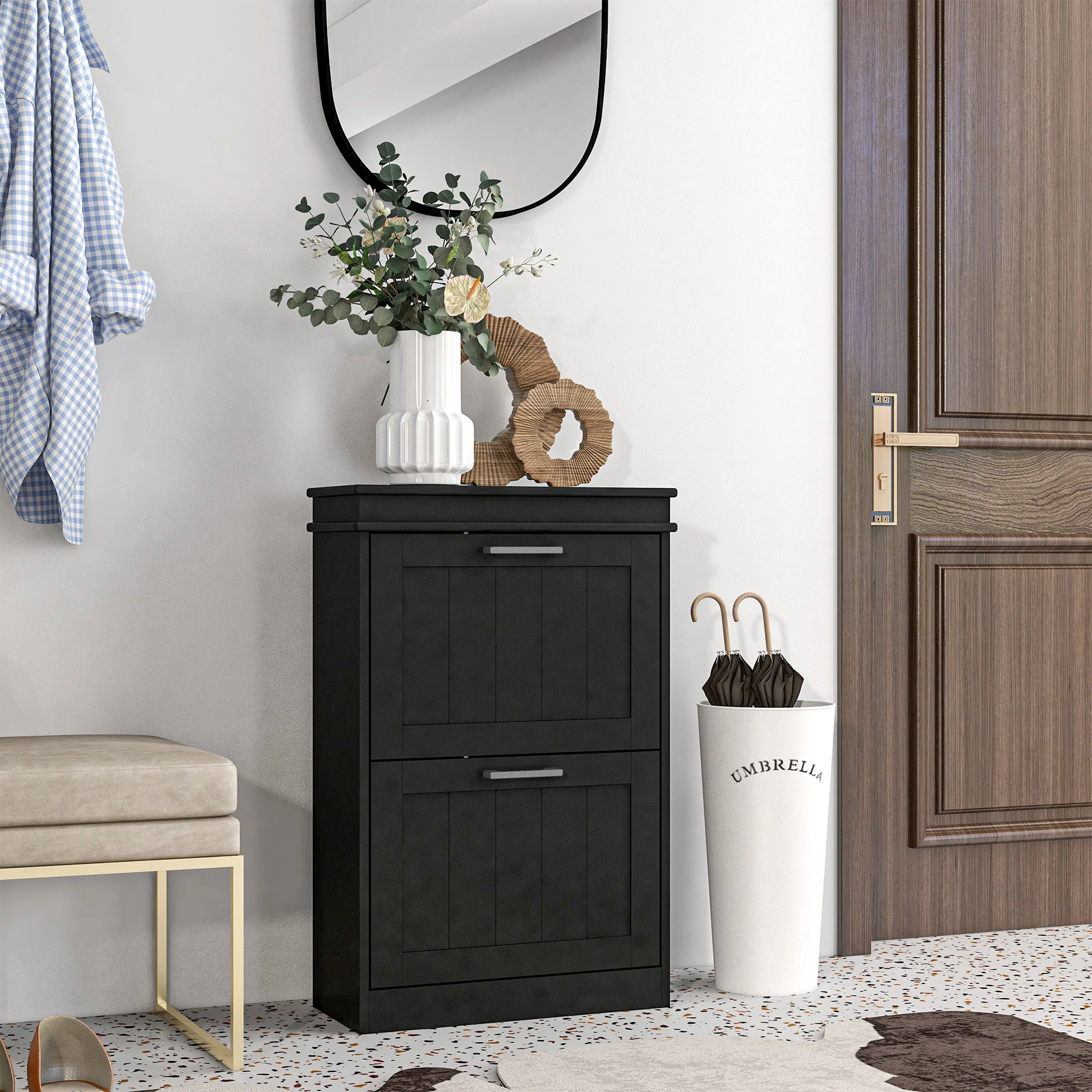 HOMCOM Slim Shoe Storage Cabinet with 2 Flip Drawers for Entryway, Black - Image 2