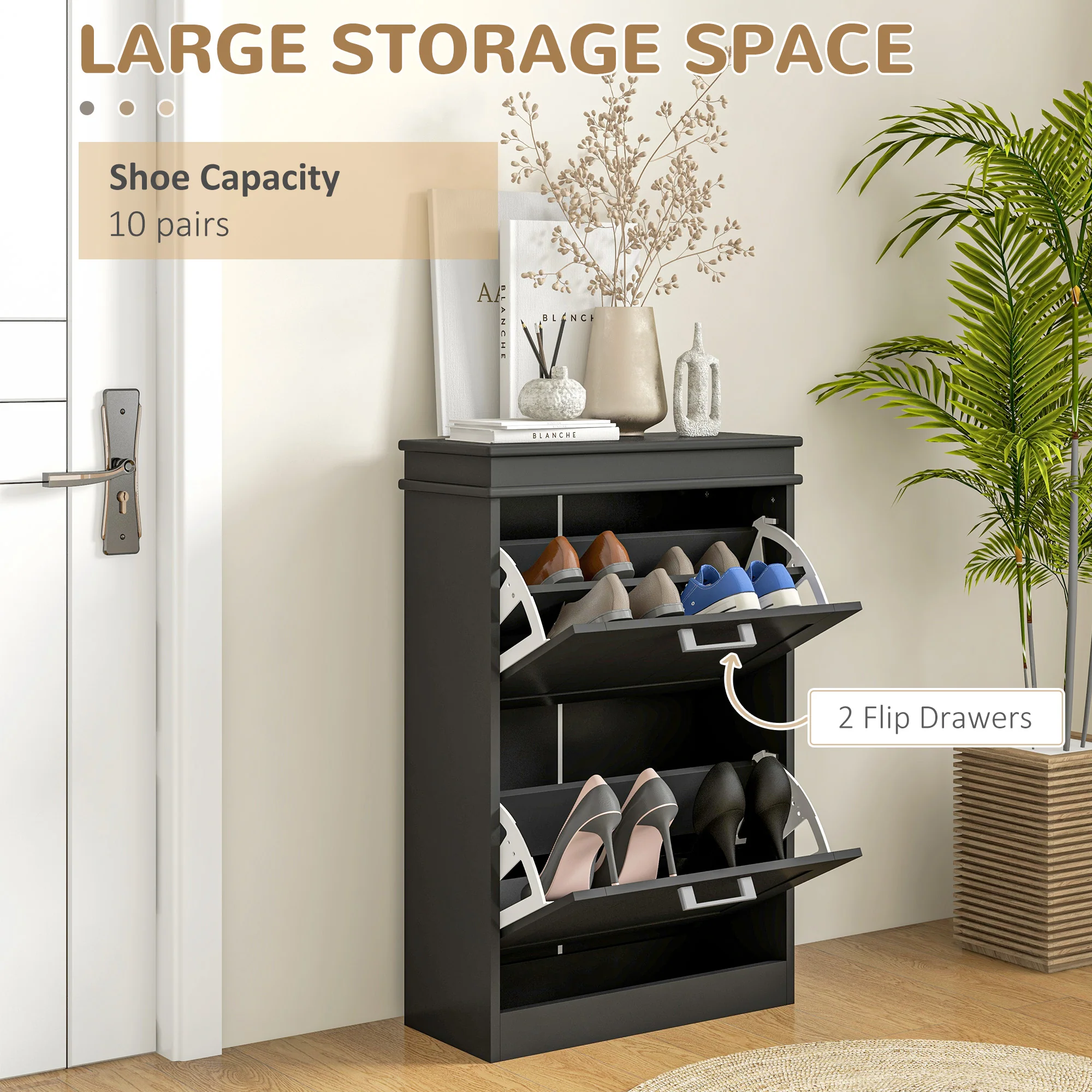 HOMCOM Slim Shoe Storage Cabinet with 2 Flip Drawers for Entryway, Black - Image 3