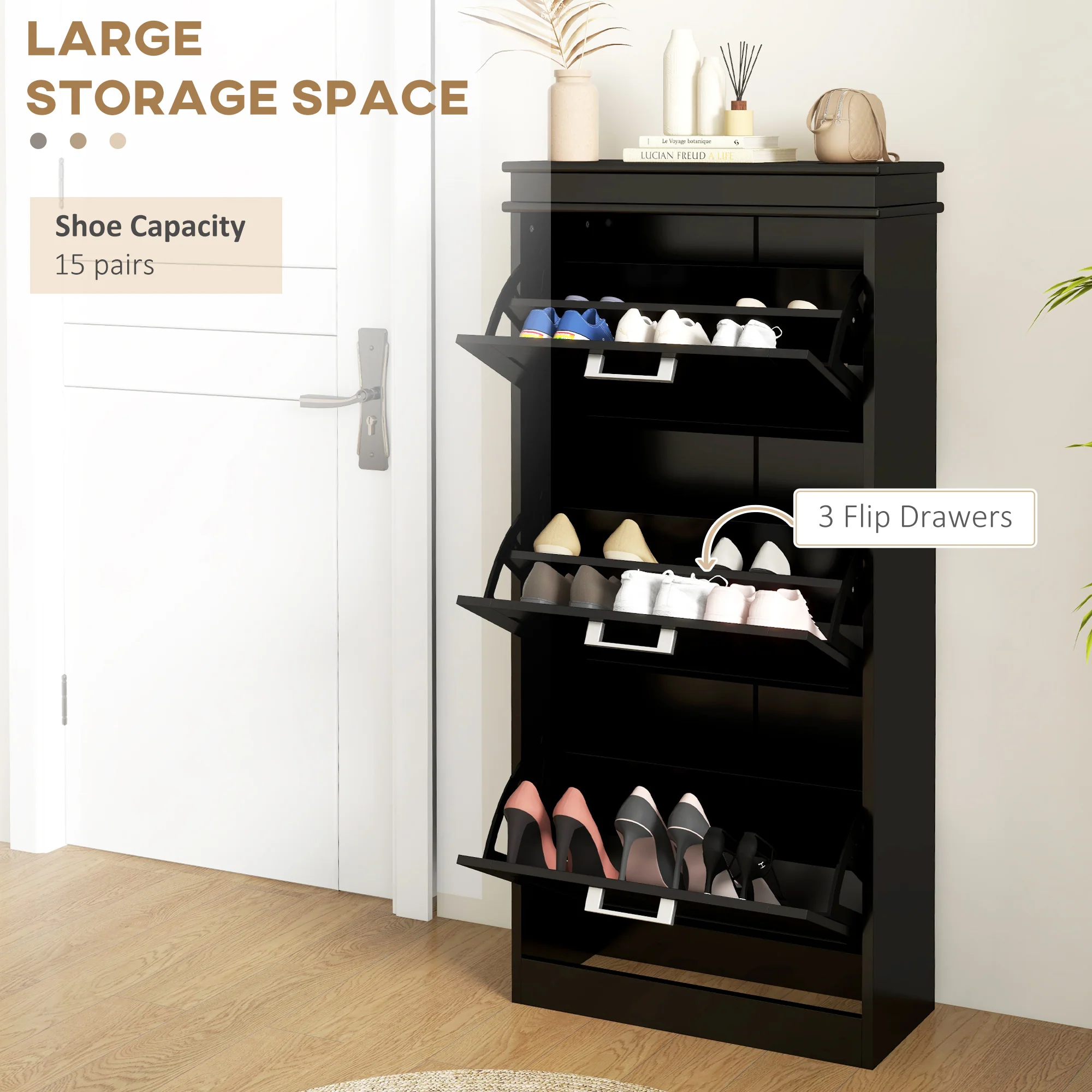 HOMCOM Slim Shoe Storage Cabinet with 3 Flip Drawers for Entryway, Black - Image 3