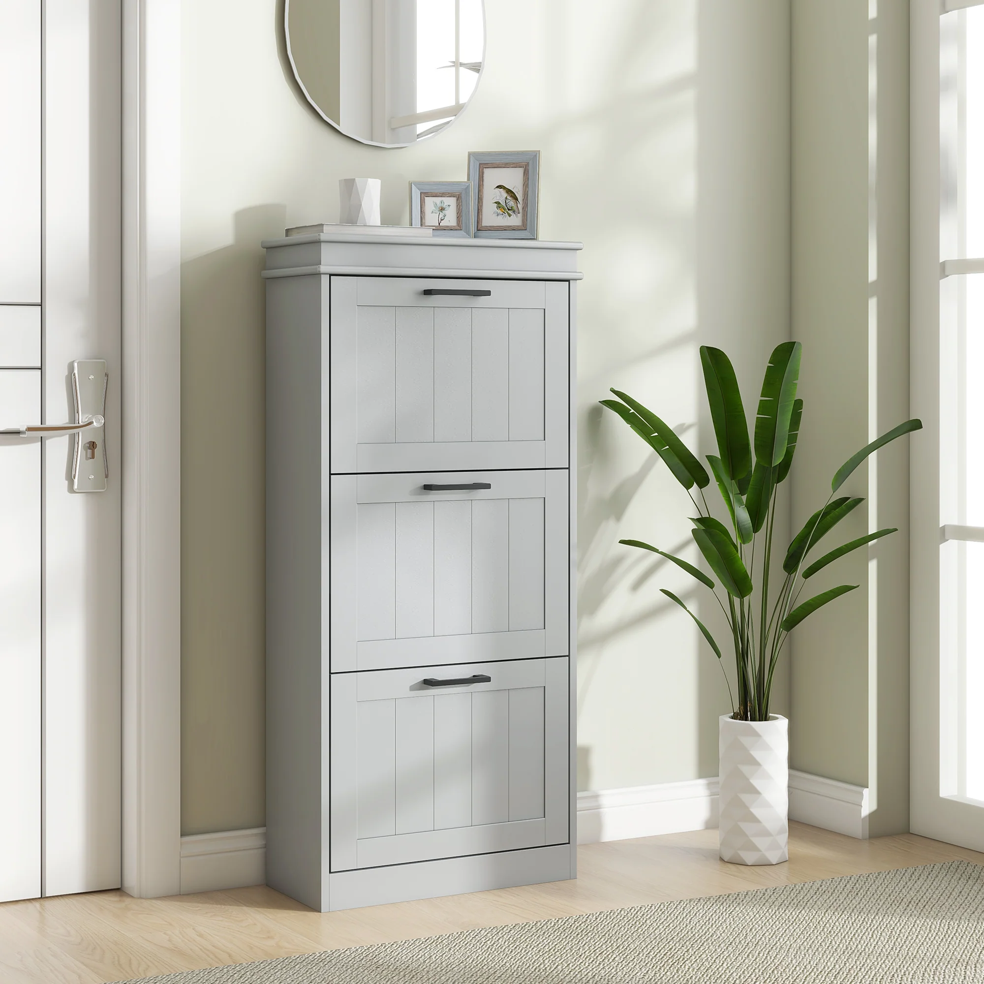 HOMCOM Slim Shoe Storage Cabinet with 3 Flip Drawers for Entryway, Grey - Image 2