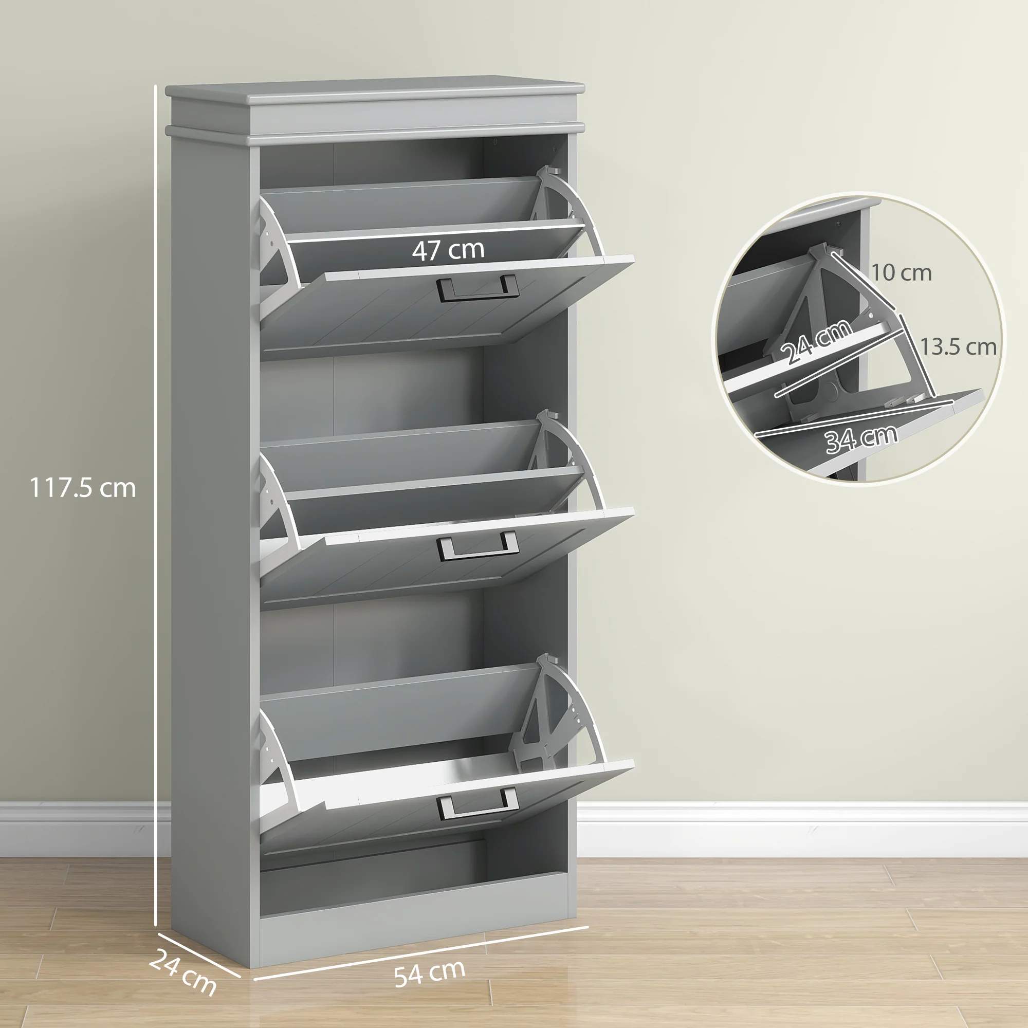 HOMCOM Slim Shoe Storage Cabinet with 3 Flip Drawers for Entryway, Grey - Image 5
