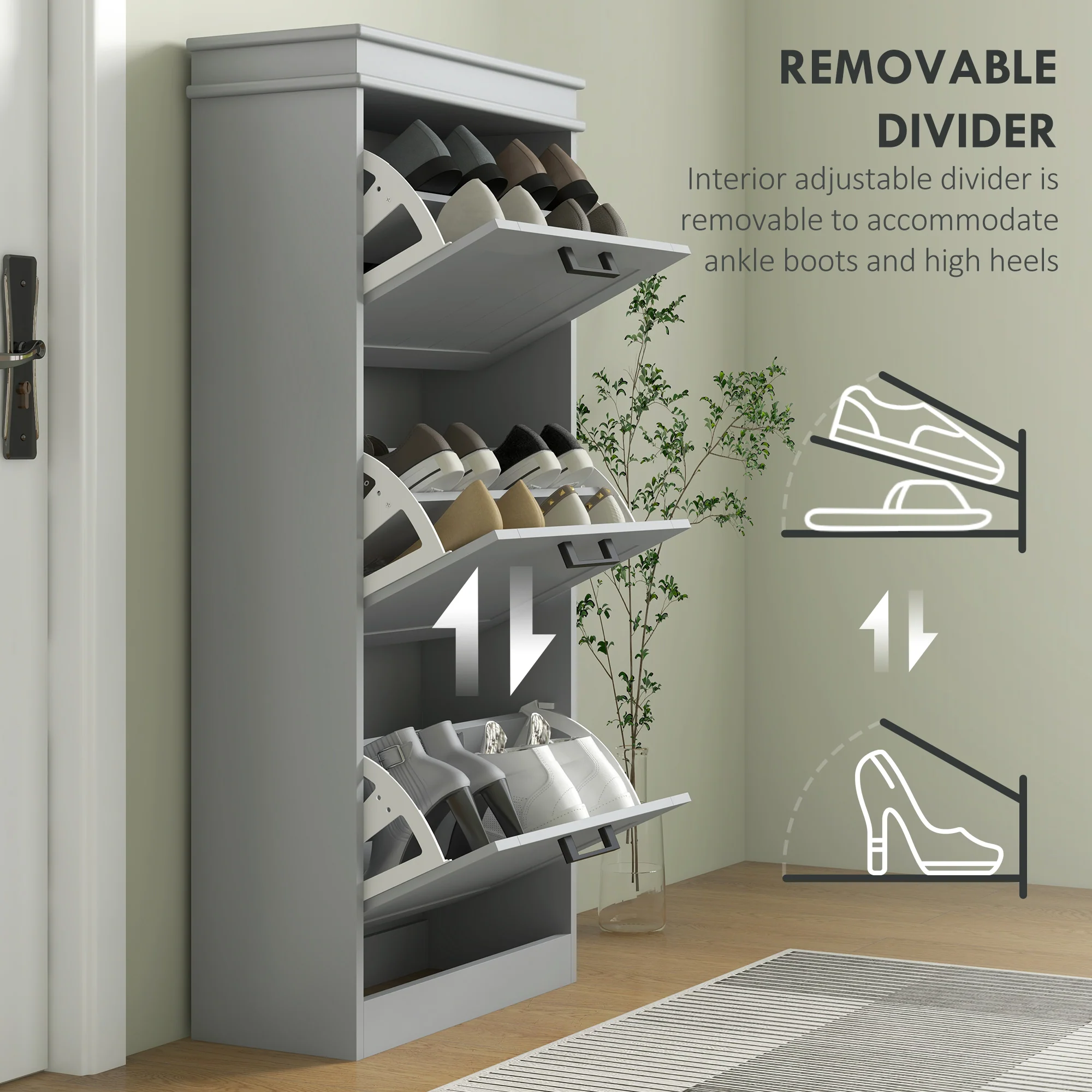 HOMCOM Slim Shoe Storage Cabinet with 3 Flip Drawers for Entryway, Grey - Image 6