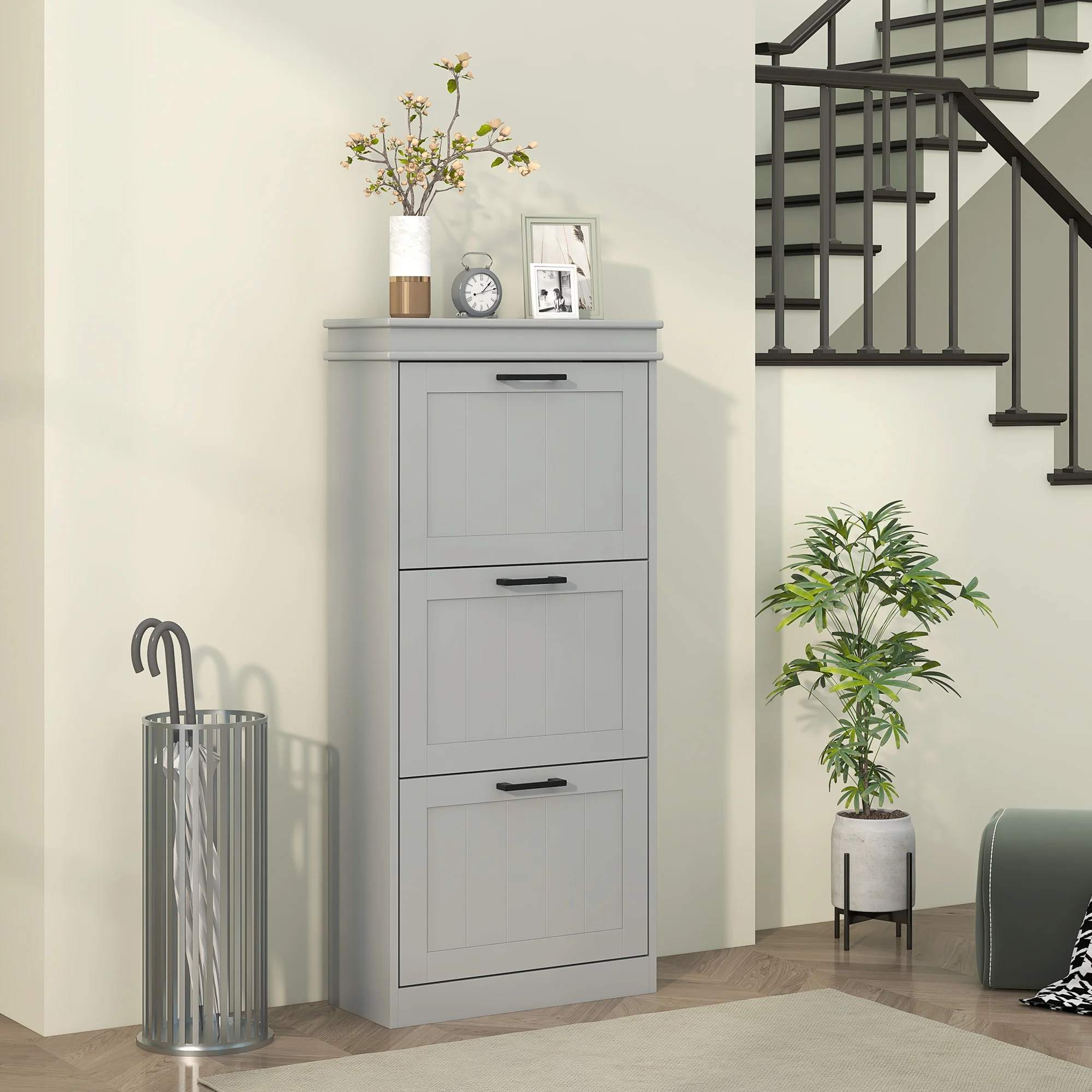 HOMCOM Slim Shoe Storage Cabinet with 3 Flip Drawers for Entryway, Grey - Image 8