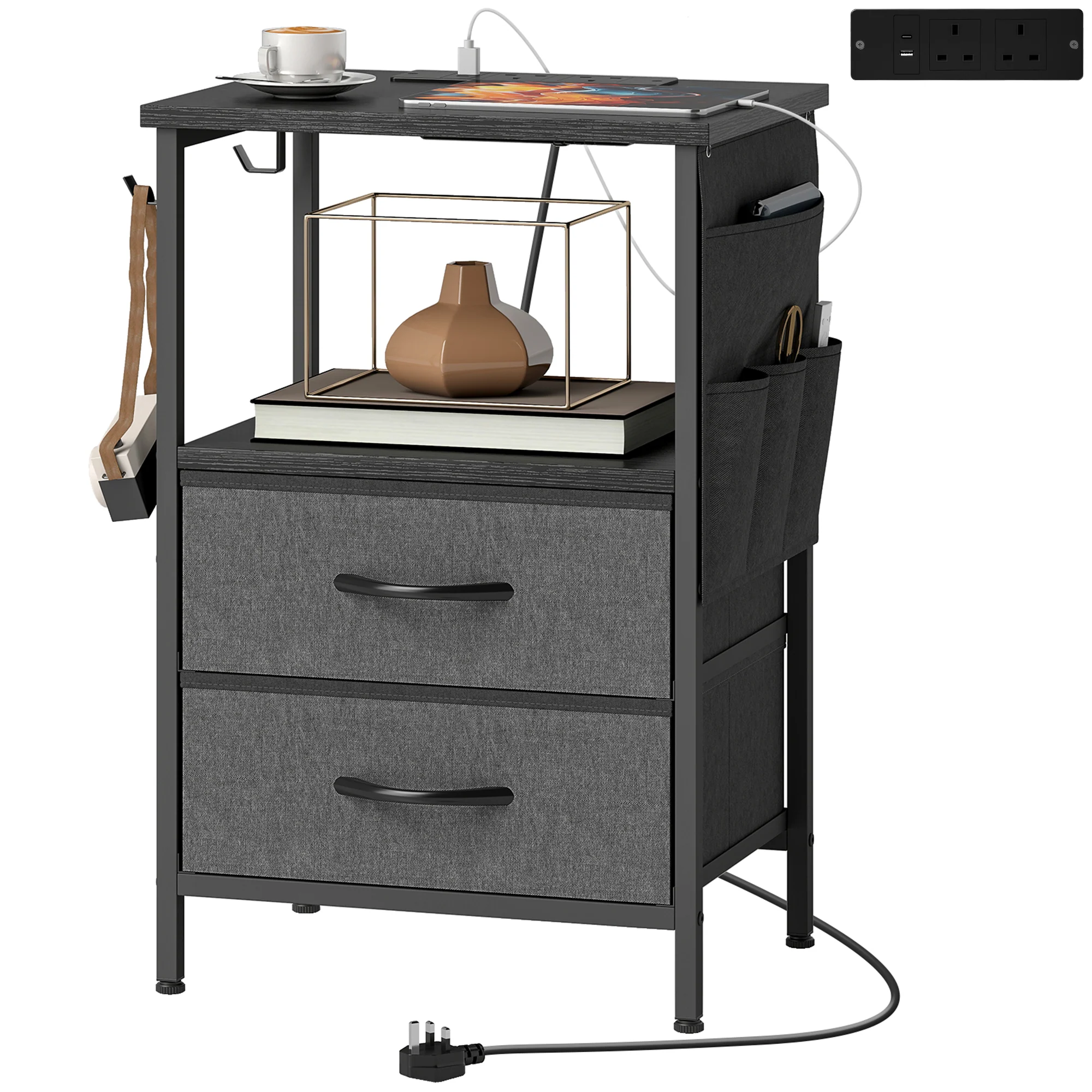 HOMCOM Slim Side Table with Charging Station, Bedside Table, Black