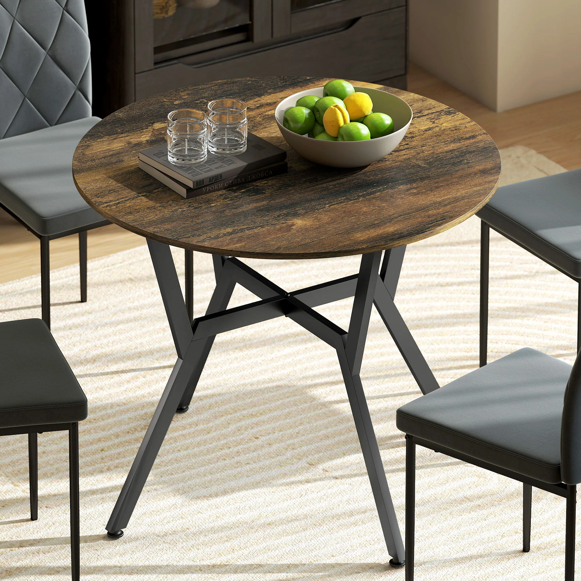 HOMCOM Small Kitchen Table With Black Steel Legs, Dining Table, Rustic Brown - Image 2