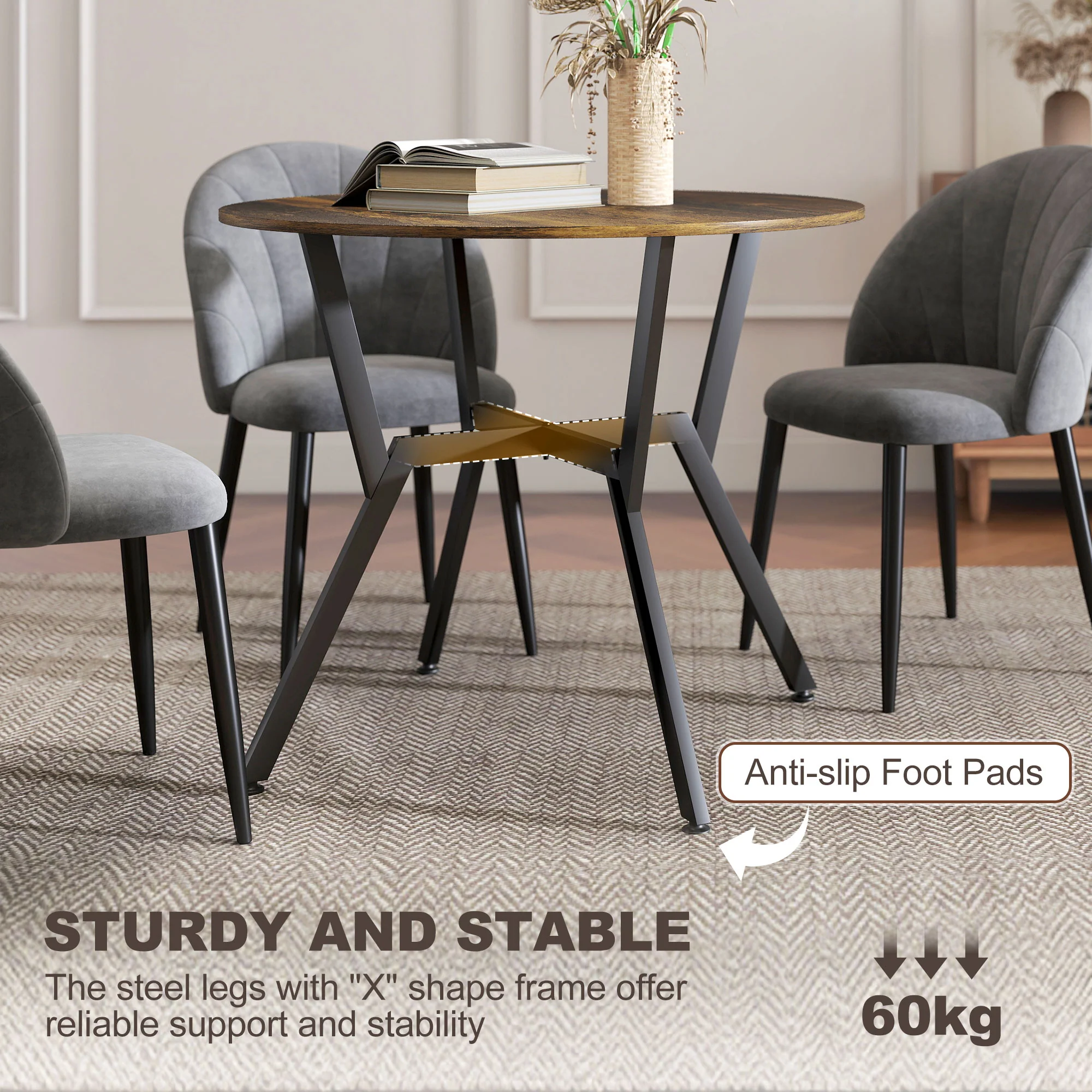 HOMCOM Small Kitchen Table With Black Steel Legs, Dining Table, Rustic Brown - Image 4