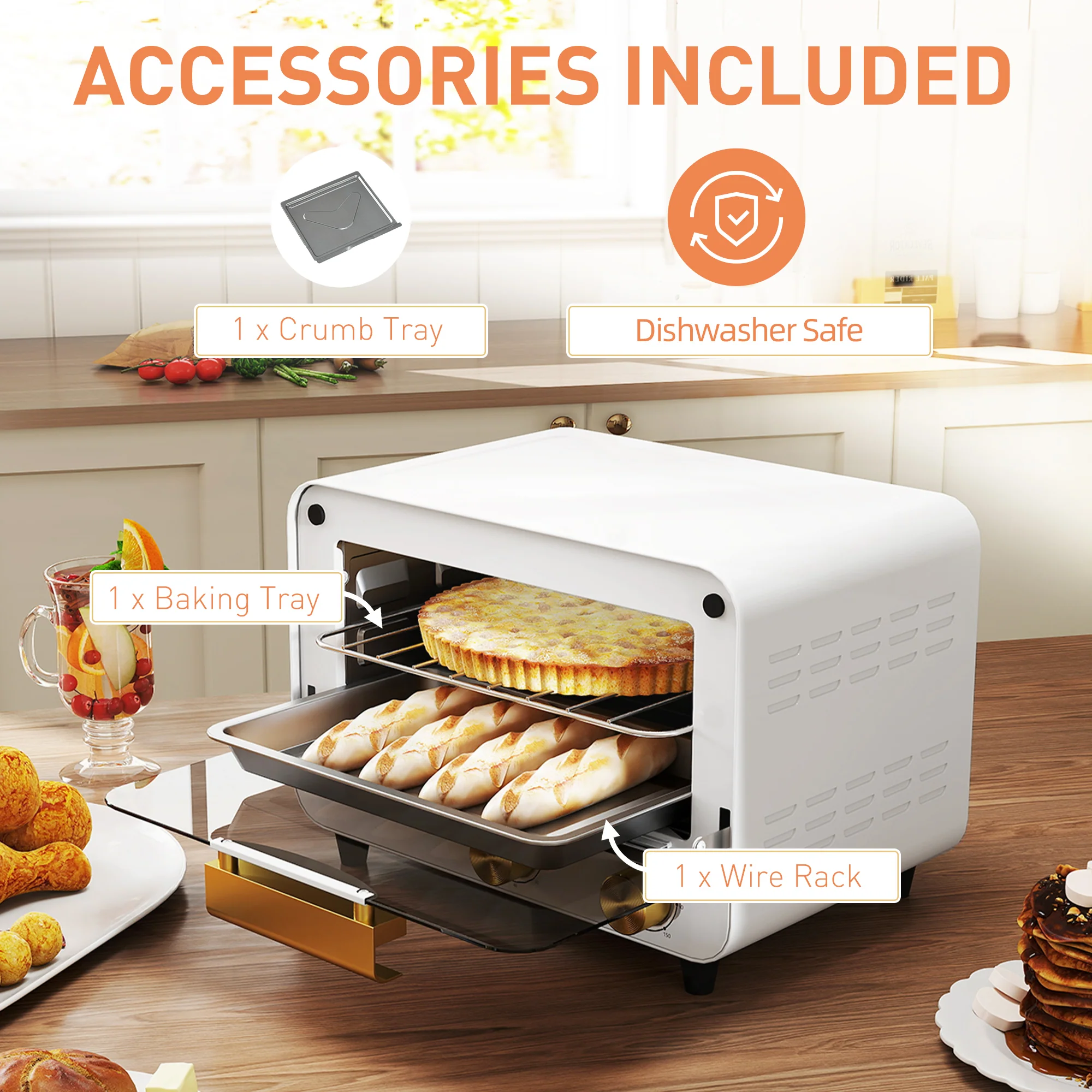 HOMCOM Small Toaster Oven, 12L Mini Countertop Oven With Glass Door, White - Image 6