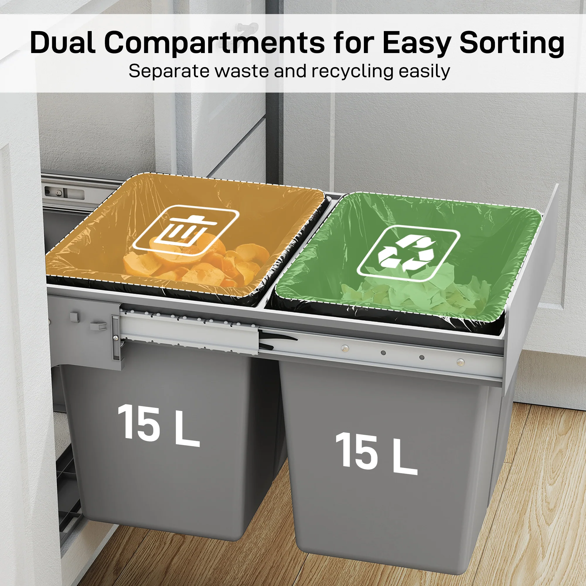 HOMCOM Soft Close Pull Out Bin, Under Sink Bin - 2 Compartments (15L Each) - Image 4