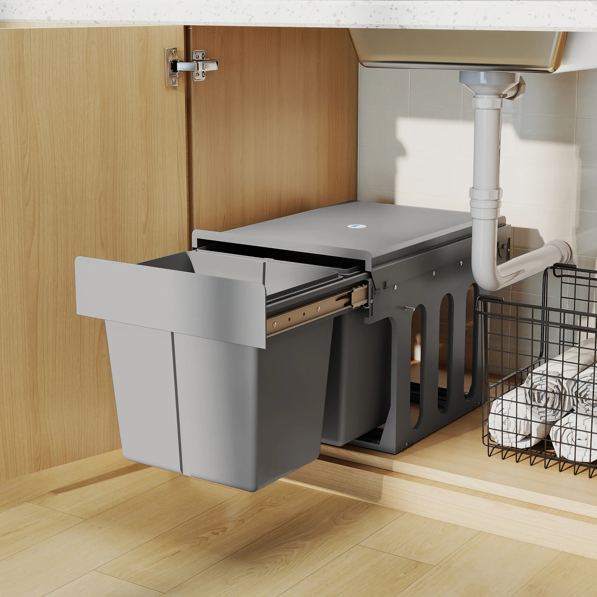 HOMCOM Soft Close Pull Out Bin, Under Sink Bin - 2 Compartments (15L Each) - Image 9