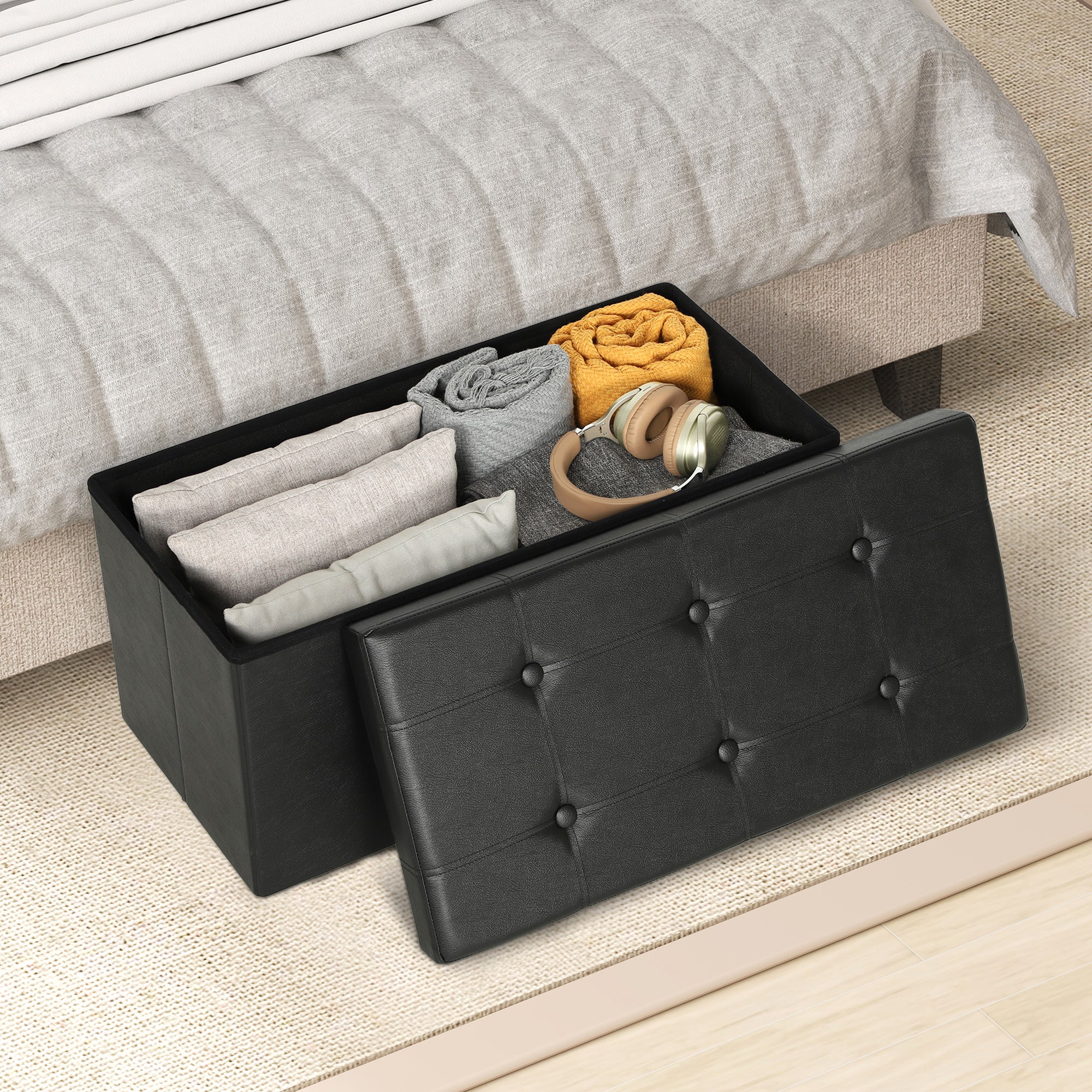 HOMCOM Storage Ottoman Bench, 89L PU Leather Folding Foot Rest, Black - Image 8