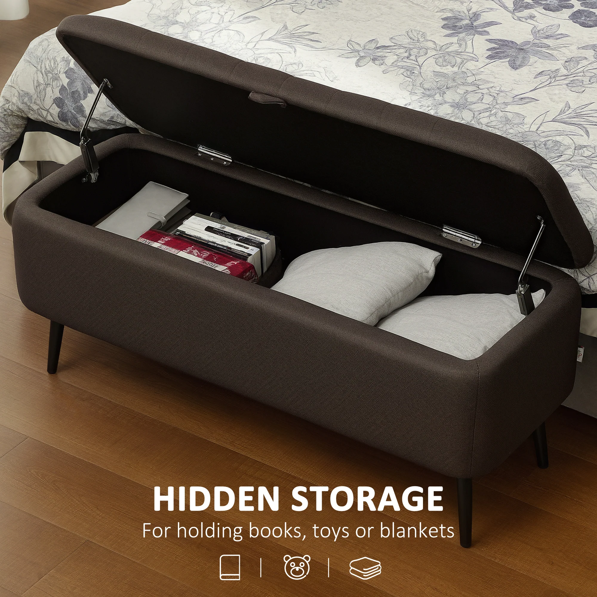 HOMCOM Storage Ottoman Bench, Linen Fabric Footstool With Steel Legs - Image 11