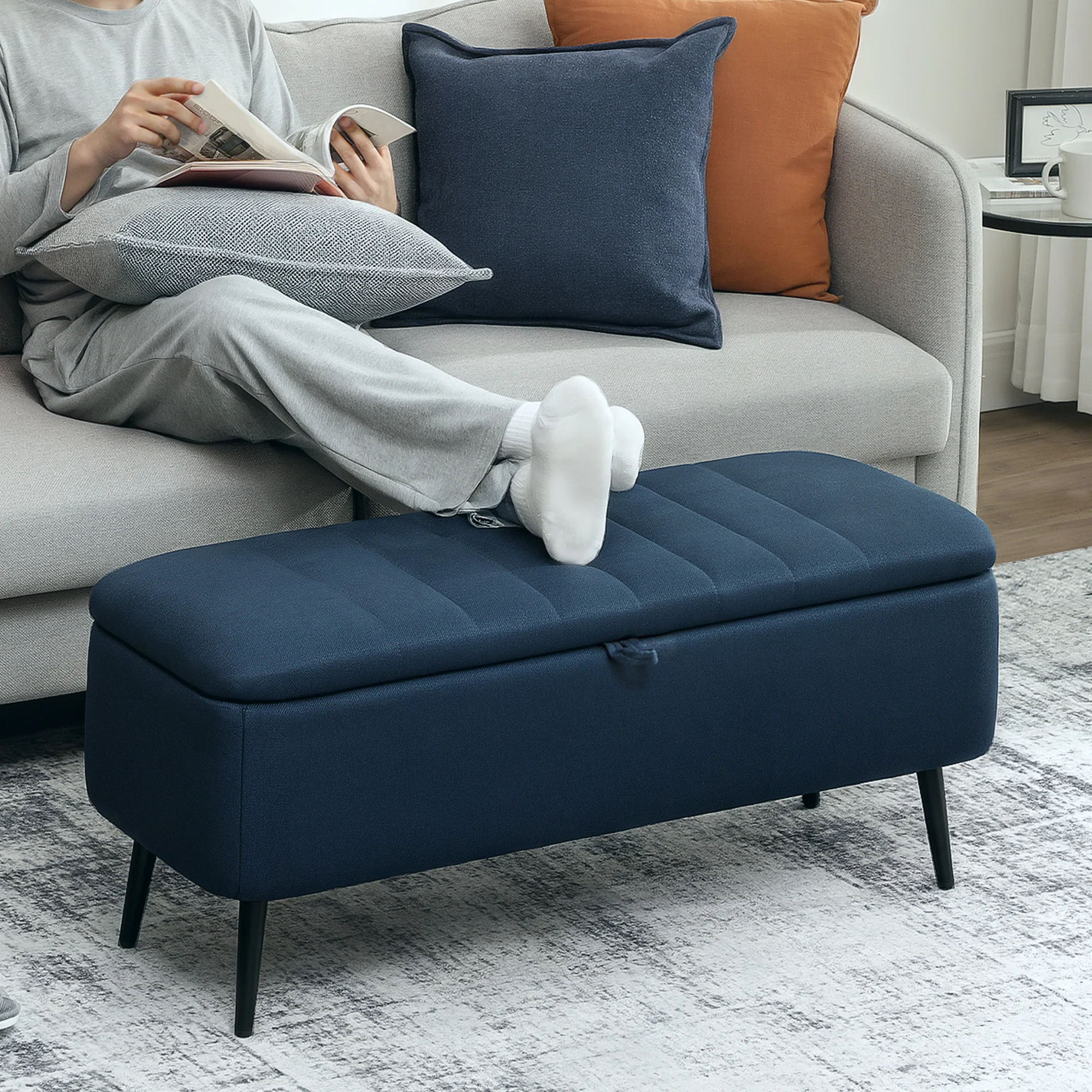 HOMCOM Storage Ottoman Bench, Linen Fabric Footstool With Steel Legs - Image 2